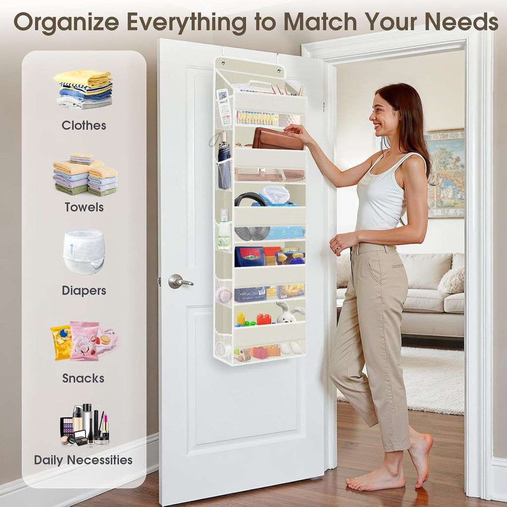 1 Pack Over The Door Organizer, Hanging Storage Organizer with Clear Window, 40lb Ultra Sturdy Large Capacity Room Organizer for Pantry Bathroom Nursery Closet Baby Essential (Beige)