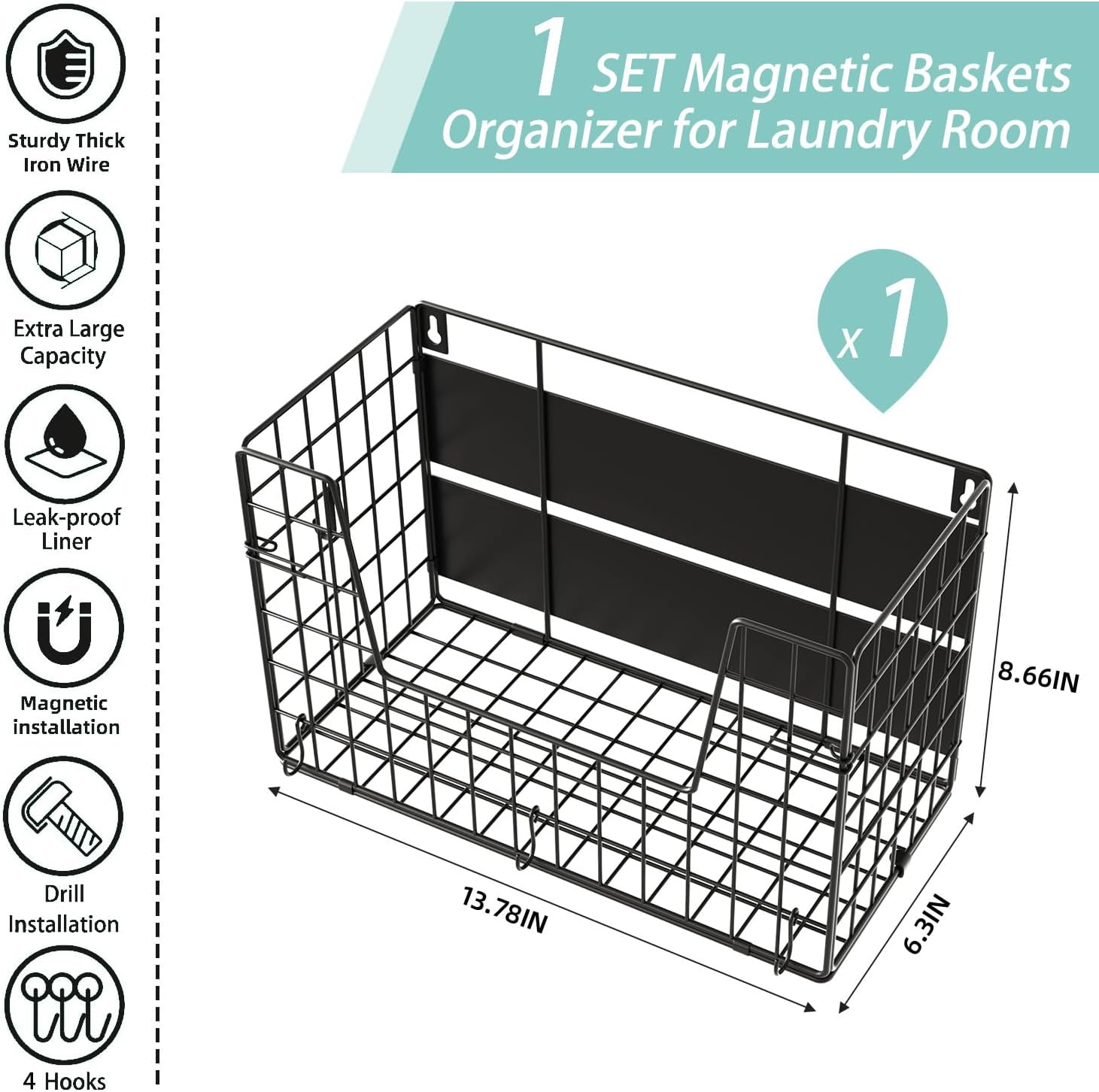 1-Pack Magnetic Laundry Basket Organizer Storage,Magnetic Shelves for Washer Dryer Organizer,Hanging Laundry Basket for Washing Machine(Black)