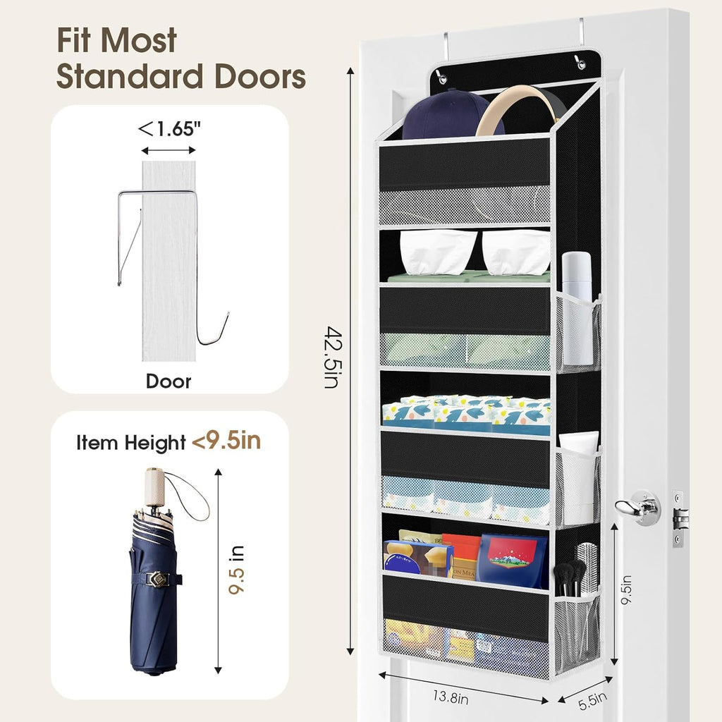 1 Pack Over The Door Organizer, Hanging Storage Organizer with Clear Window, 40lb Ultra Sturdy Large Capacity Room Organizer for Pantry Laundry Bathroom Nursery Closet (Black)