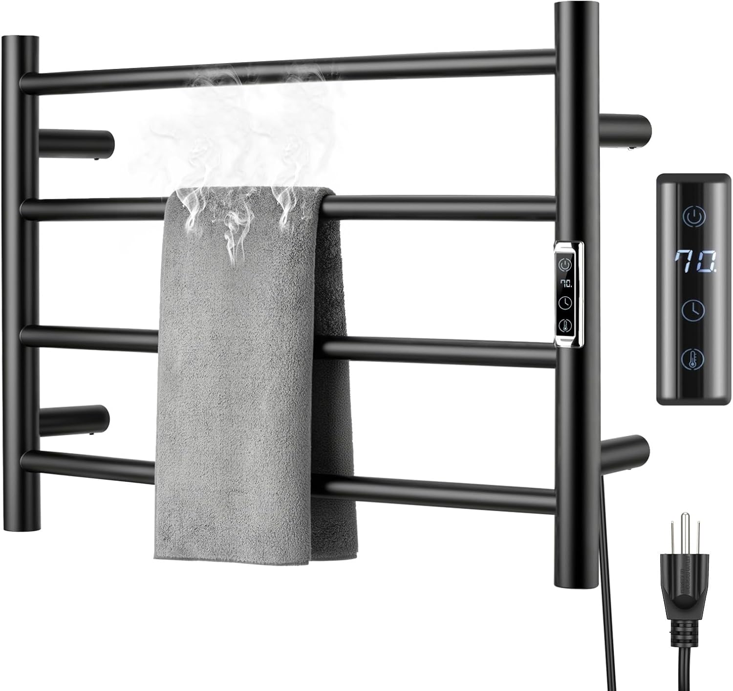 (1 Pack) Electric Towel Warmer with Built-in Timer - Wall Mounted Bathroom Heated Towel Rack, Plug-in Design Black