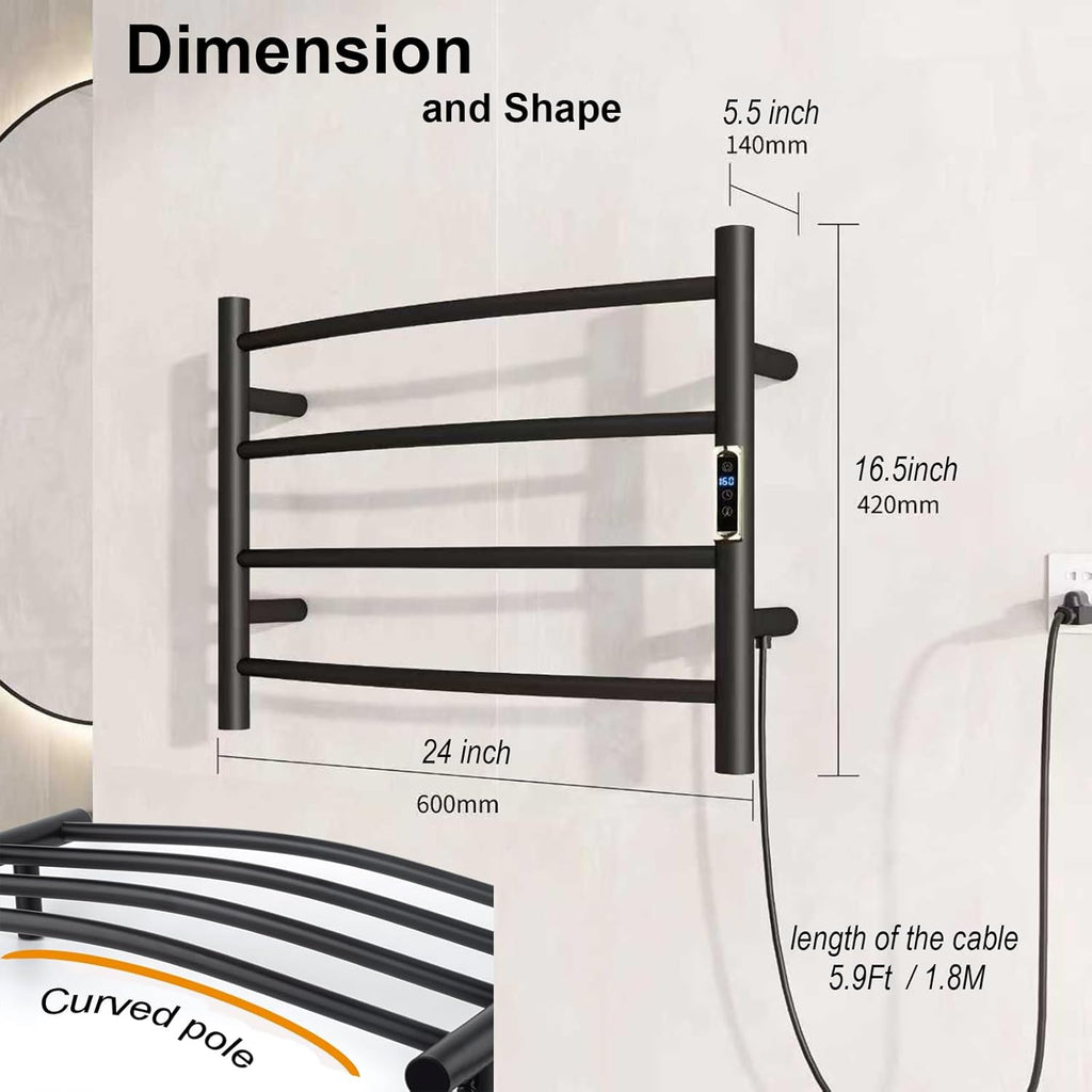 (1 Pack) Electric Towel Warmer with Built-in Timer - Wall Mounted Bathroom Heated Towel Rack, Plug-in Design Black