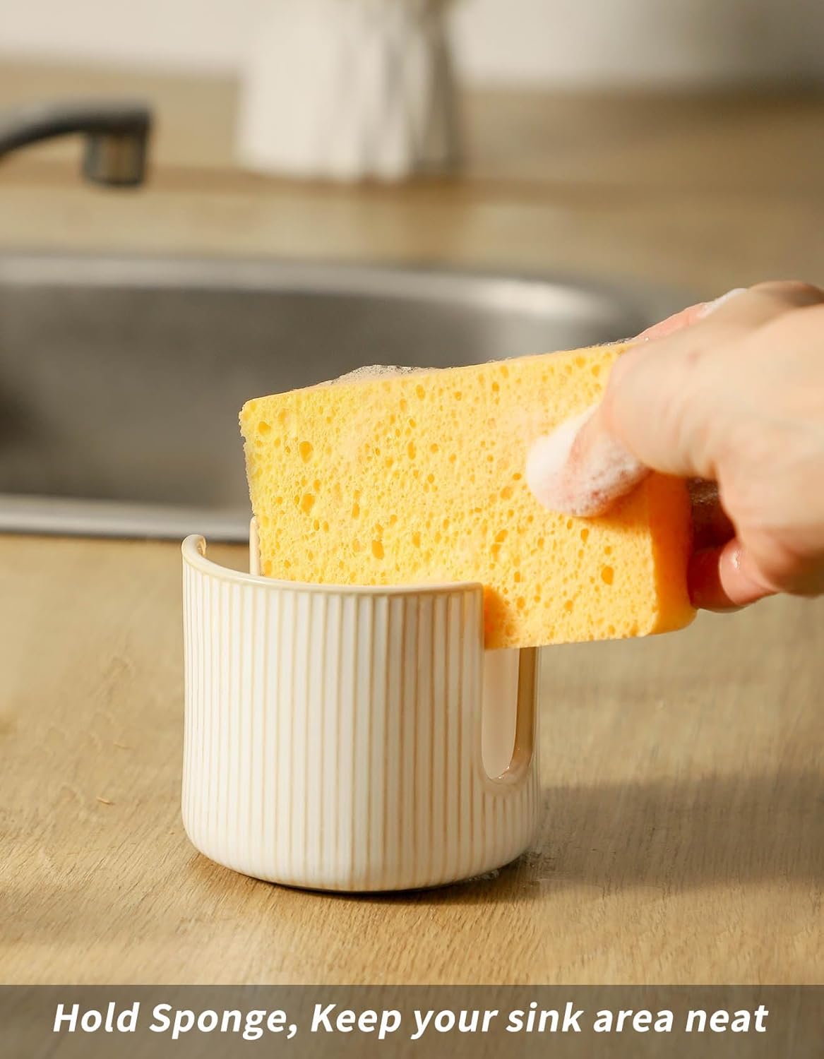 Sponge Holder for Kitchen Sink Countertop, Ceramic Scrub Sponge Dish Holder, Compact Sink Caddy Organizer Accessories for Dish Brush, Scrubber, Glazed White
