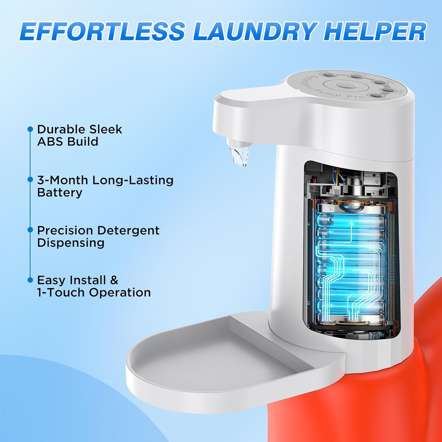 Electric Laundry Detergent Dispenser, 2000mAh USB-C Rechargeable Laundry Soap Dispenser Pump, 15-75 ml One-Press Dose, No-Spill for Liquid Detergent Containers, Laundry Organization(White)