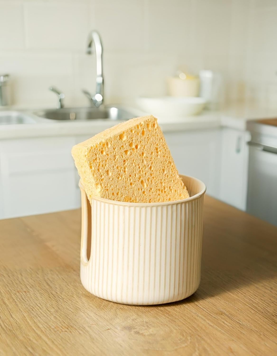 Sponge Holder for Kitchen Sink Countertop, Ceramic Scrub Sponge Dish Holder, Compact Sink Caddy Organizer Accessories for Dish Brush, Scrubber, Glazed White