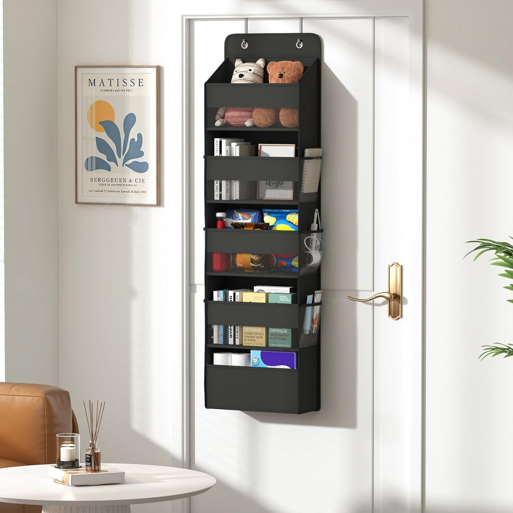 1 Pack 5-Tier Over the Door Organizer, Heavy-Duty Large Deep Pocket Hanging With 5 Large Front & 6 Side Pockets With for Pantry, Kitchen, Bathroom, Dorm, Black