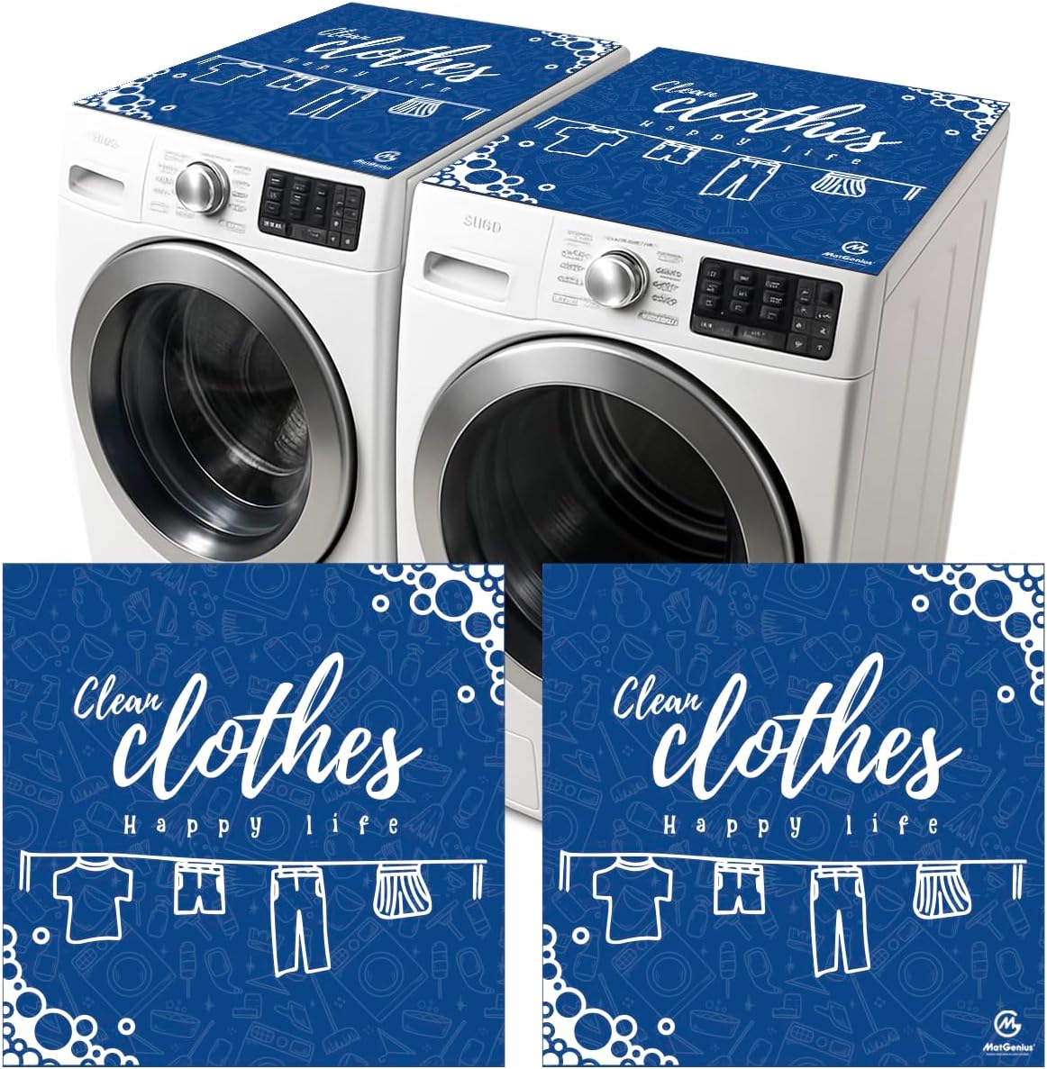 (2PCS) Washer And Dryer Covers For The Top With Blue Design And Happy Life Words, Decorative Washer Dryer Topper And Washing Machine Cover For A Cheerful Laundry Room (23 x 23 in)