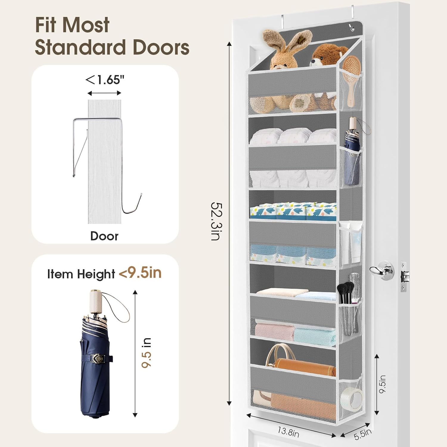 1 Pack Over The Door Organizer, Hanging Storage Organizer with Clear Window, 40lb Ultra Sturdy Large Capacity Room Organizer for Pantry Laundry Bathroom Nursery Closet Baby Essential (Grey)