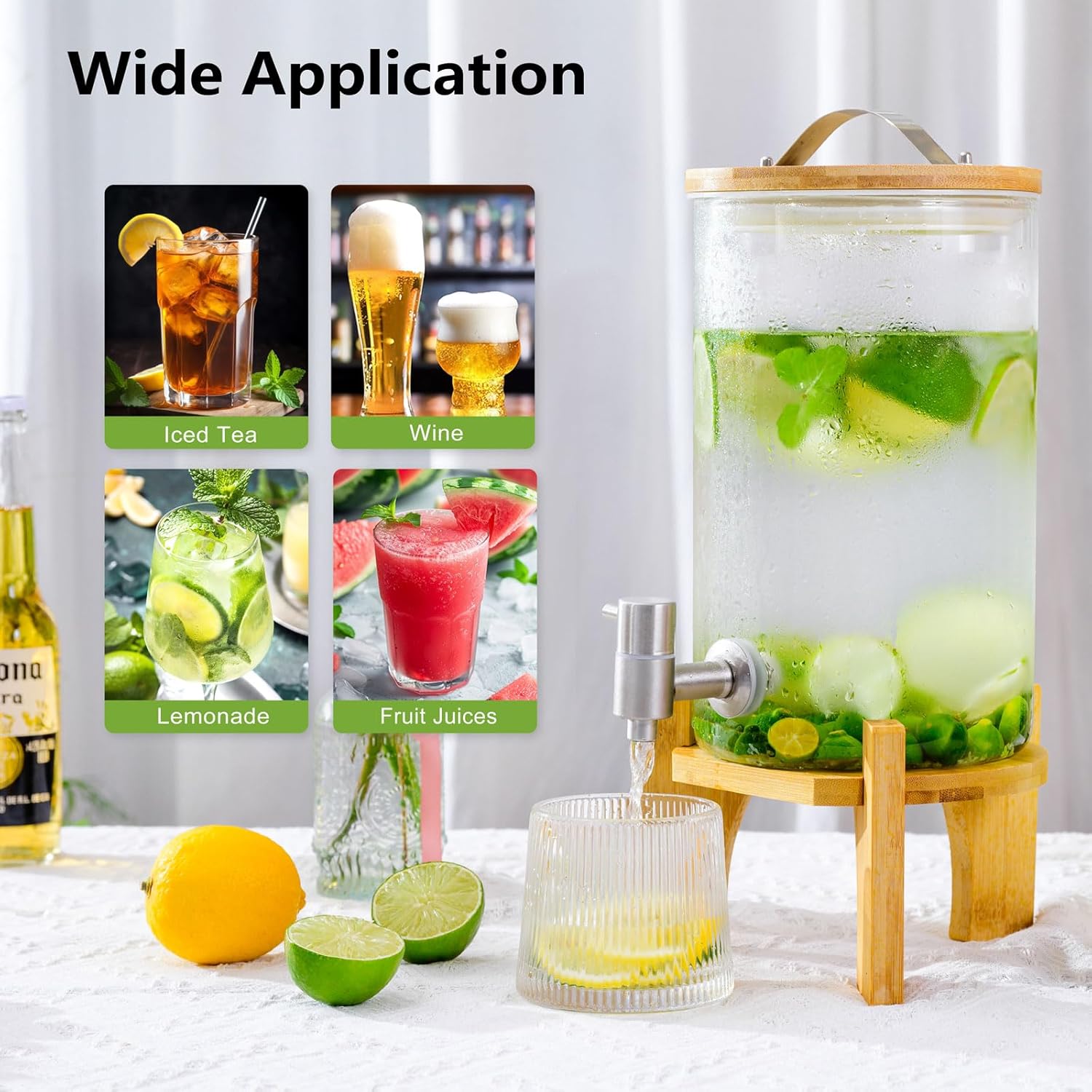 1.2 Gallon Large Glass Drink Dispenser For Parties, Beverage Dispenser with Bamboo Wood Stand and Stainless Steel Spigot, Juice, Lemonade, Water jug dispenser, Laundry Detergent Dispenser (2 PACK)