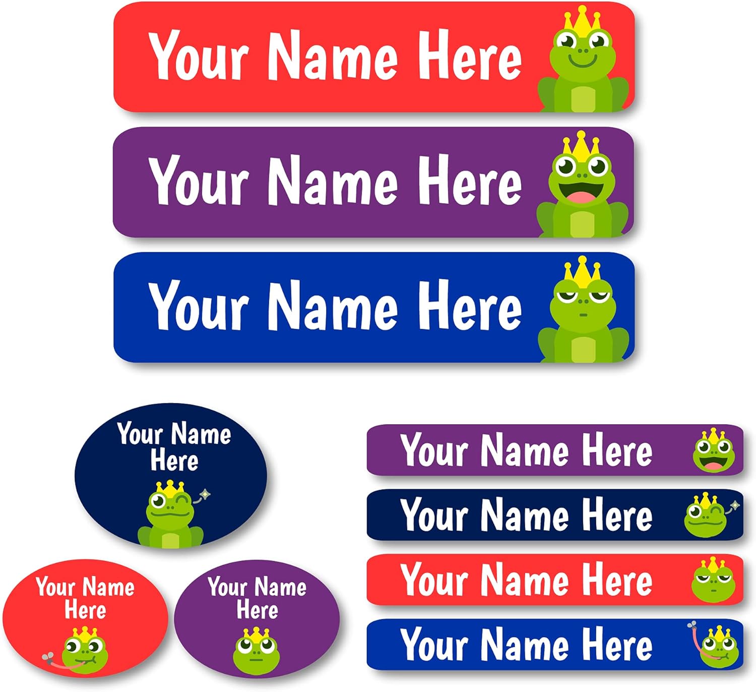 Lovable Labels Personalized Labels for Kids (85 Labels/Pack) - 3 Label Sizes Waterproof Dishwasher Safe Peel & Stick Labels for School Supplies Daycare Camp Clothing Bottles (Leap Frog)