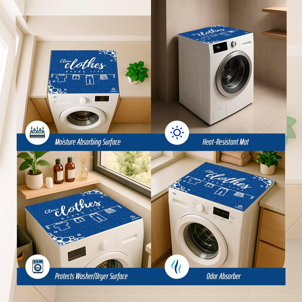 (2PCS) Washer And Dryer Covers For The Top With Blue Design And Happy Life Words, Decorative Washer Dryer Topper And Washing Machine Cover For A Cheerful Laundry Room (23 x 23 in)