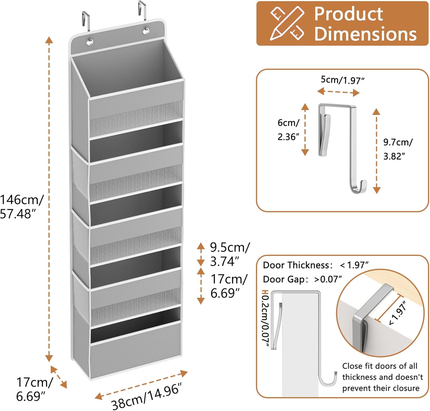 1 Pack 5-Tier Over the Door Organizer, Heavy-Duty Large Deep Pocket Hanging With 5 Large Front & 6 Side Pockets With for Pantry, Kitchen, Bathroom, Dorm, Grey