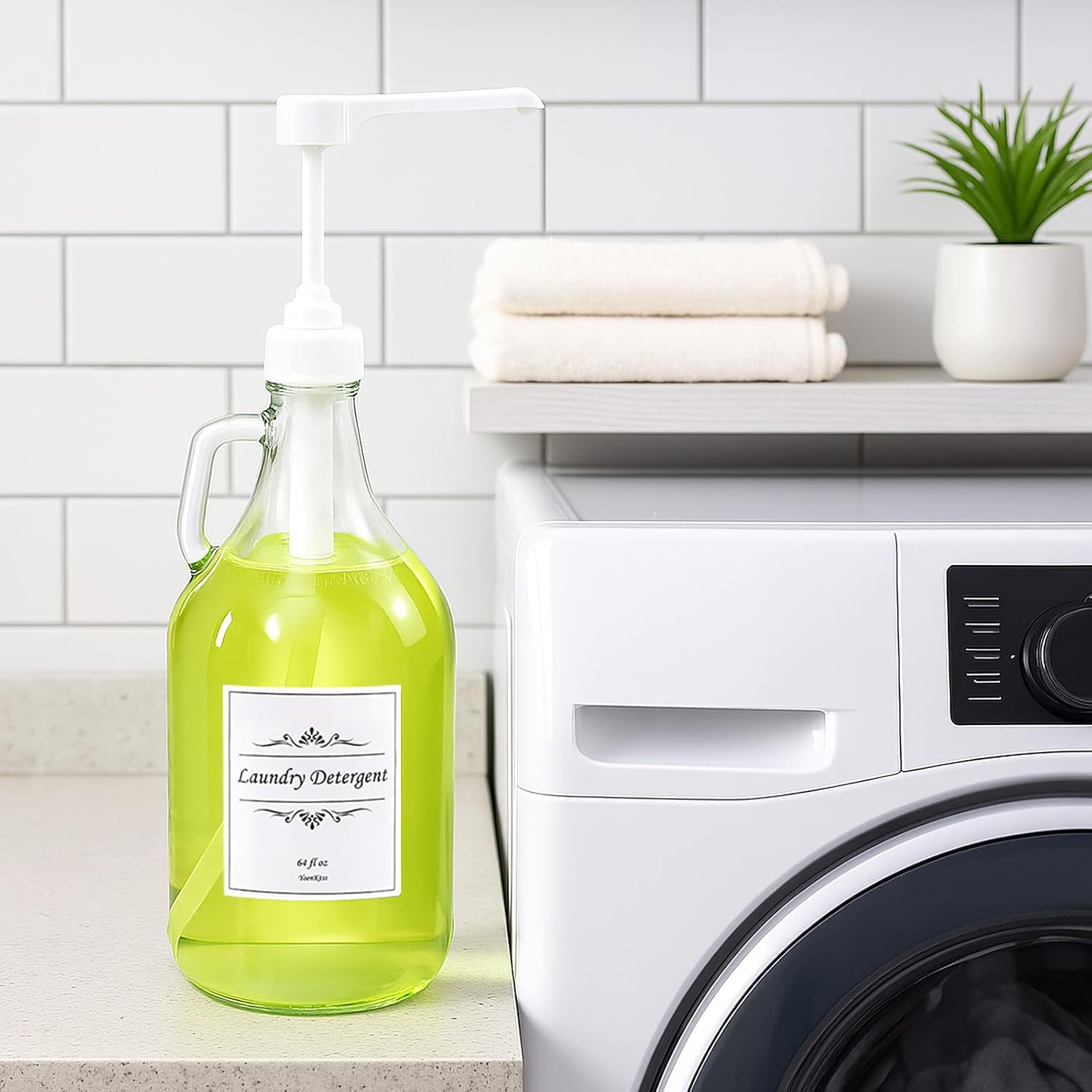 2 Pcs Glass Liquid Laundry Detergent Dispenser with Pump (Upgraded), 64 oz Dispenser for Laundry Room, Half Gallon Glass Jugs with Airtight Lid