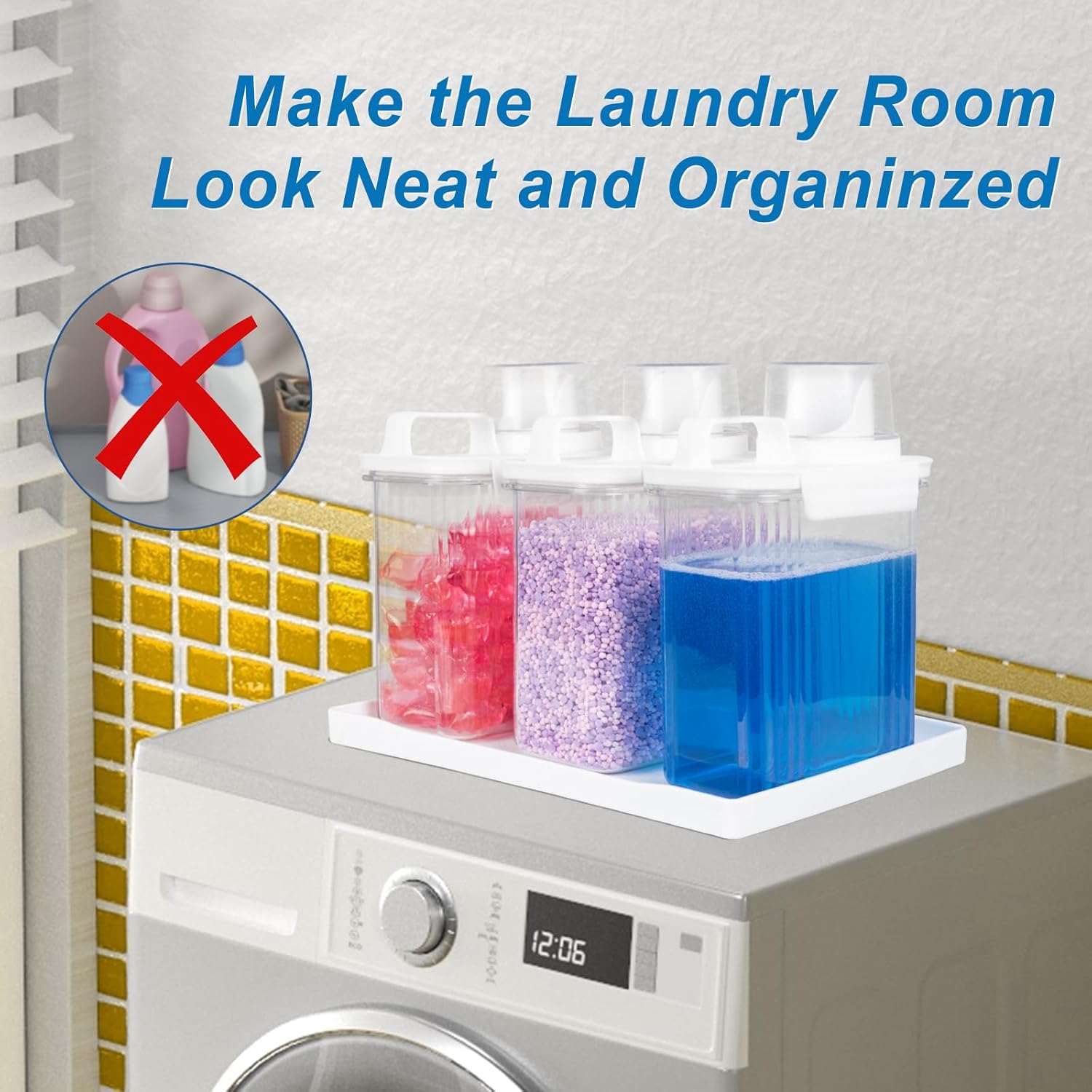 51oz Laundry Detergent Container, 3 Pack Plastic Liquid Detergent Dispenser for Laundry Room Powder,Soap,Fabric Softener, Scent Beads Storage and Organization,with 5 Labels,1 Tray.(3, 51oz)