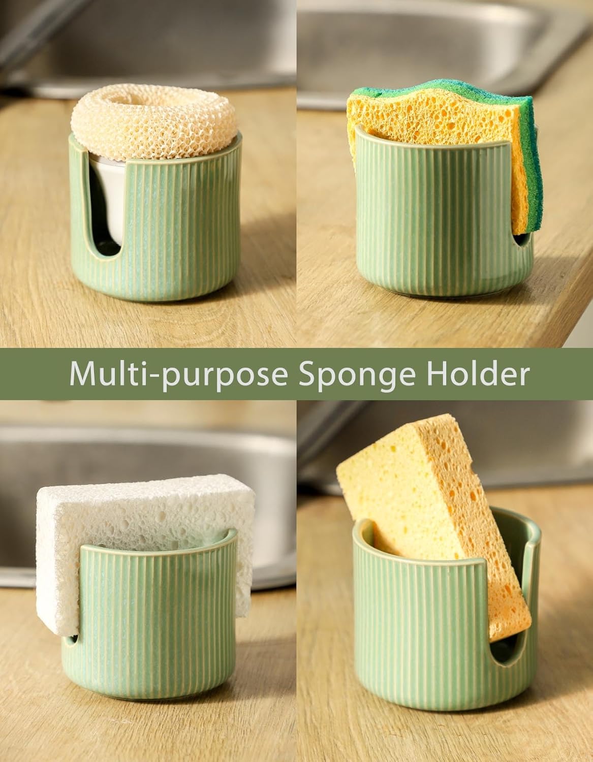 Sponge Holder for Kitchen Sink Countertop, Ceramic Scrub Sponge Dish Holder, Compact Sink Caddy Organizer Accessories for Dish Brush, Scrubber, Glazed Green
