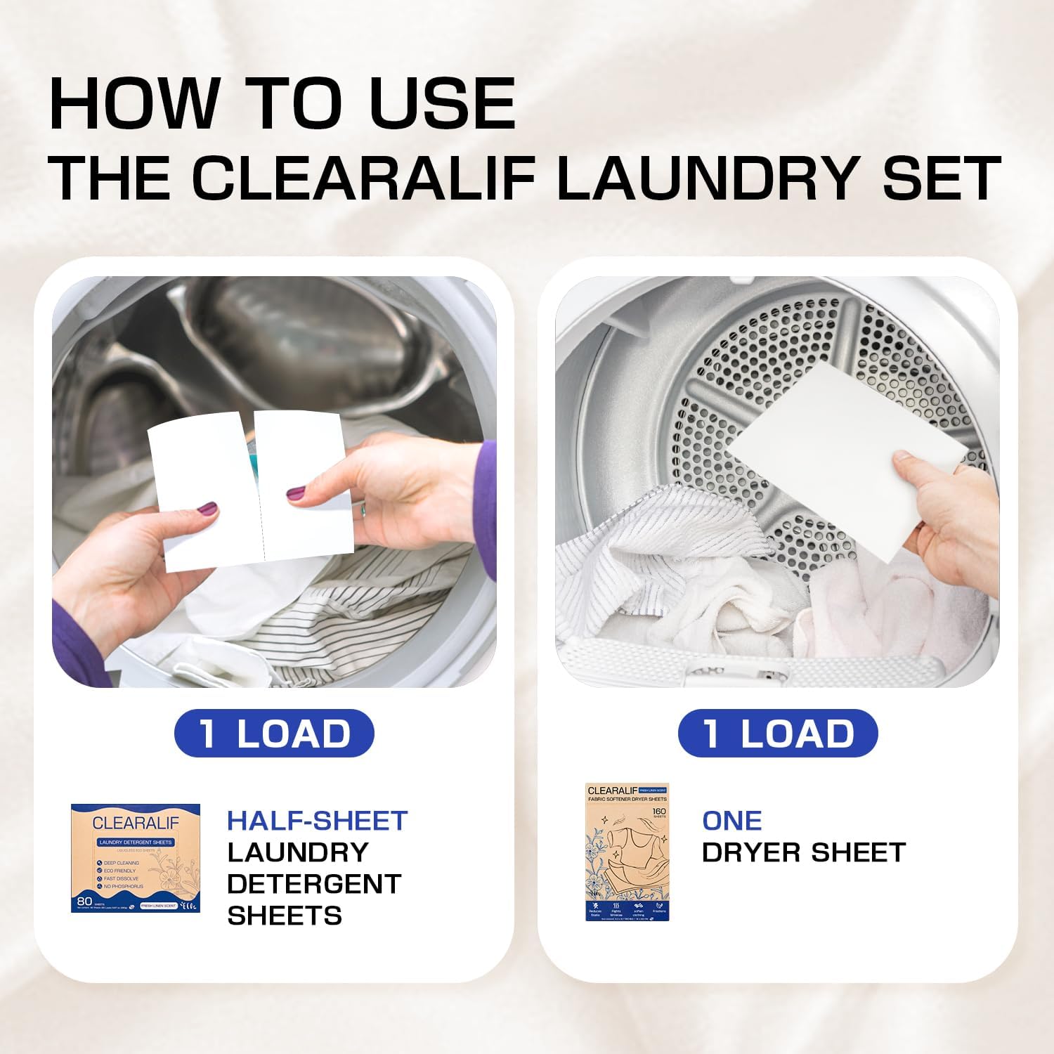 Clearalif All in One Laundry Detergent Sheets Kit, Fresh Linen Scent, 160 Loads Laundry Sheets + 160 Drying Sheets, Laundry Set Great for Travel, Softener Sheets Eco Package Friendly & Hypoallergenic