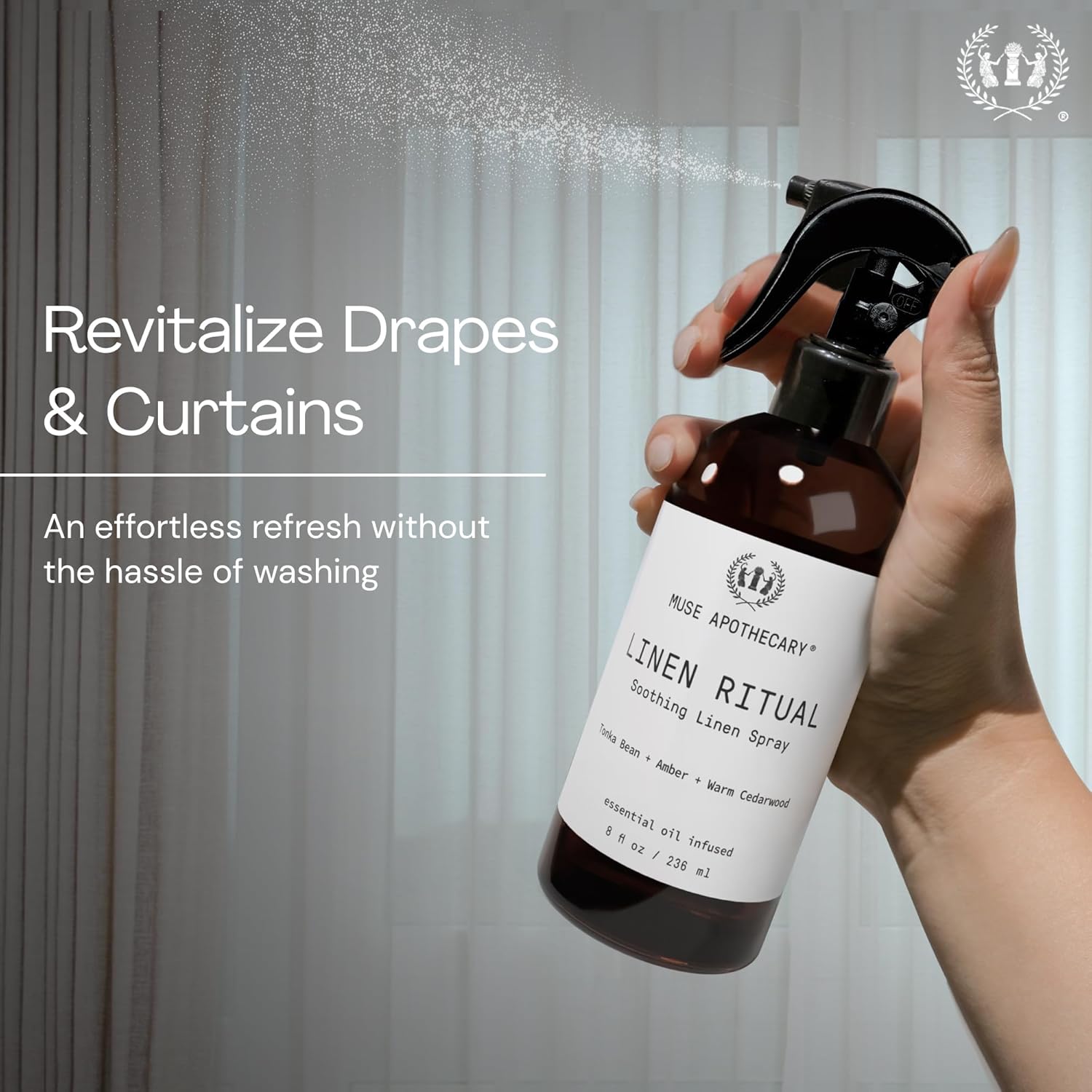Muse Apothecary Linen Ritual - Aromatic, Soothing, and Relaxing Linen Mist, Laundry and Fabric Spray - Infused with Aromatherapy Essential Oils - 8 oz, Tonka Bean + Amber + Warm Cedarwood,