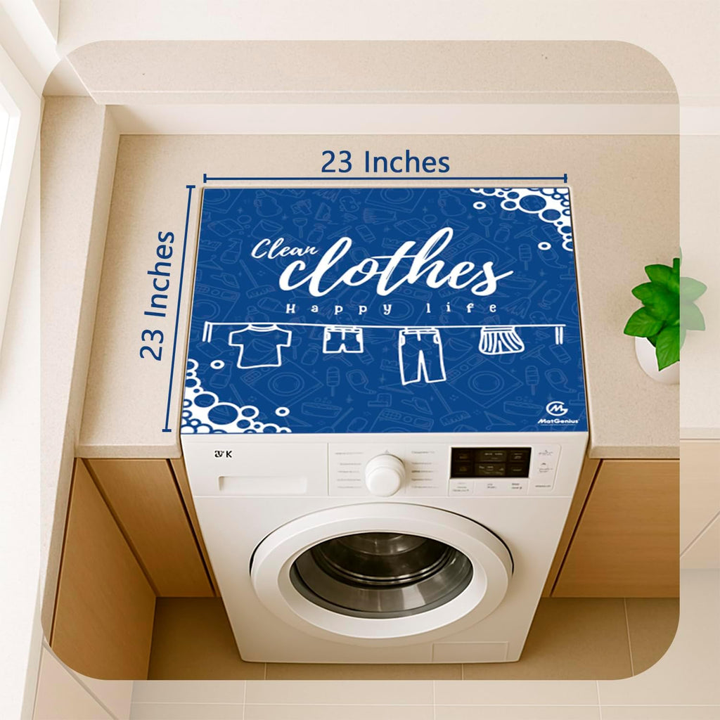 (2PCS) Washer And Dryer Covers For The Top With Blue Design And Happy Life Words, Decorative Washer Dryer Topper And Washing Machine Cover For A Cheerful Laundry Room (23 x 23 in)
