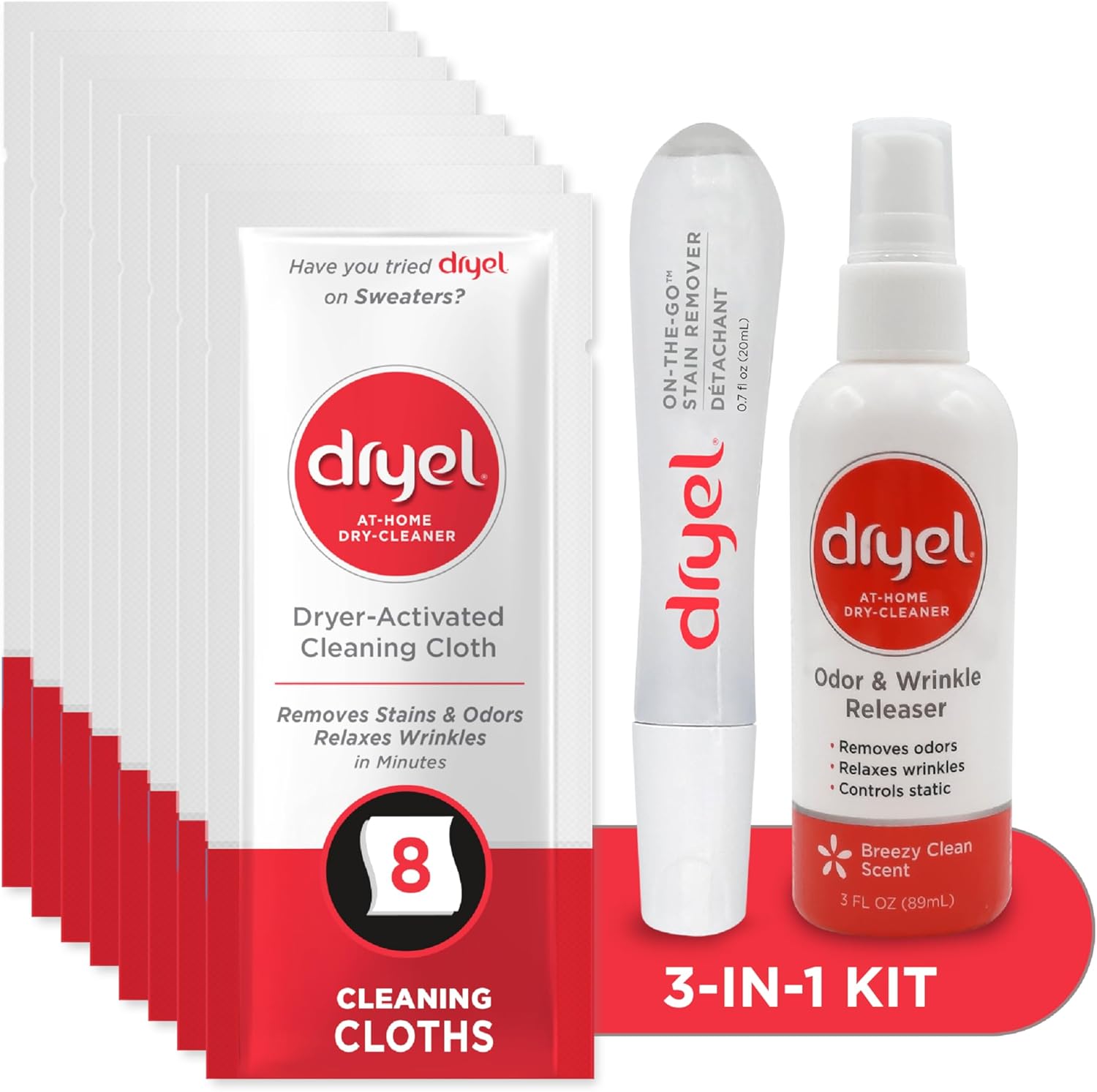 dryel At-Home Dry Cleaner Starter Kit with Wrinkle Release Spray, New and Improved, Gentle Laundry Care for Special Fabrics and Dry-Clean-Only Clothes, 8 Loads with On-the-Go Stain Remover