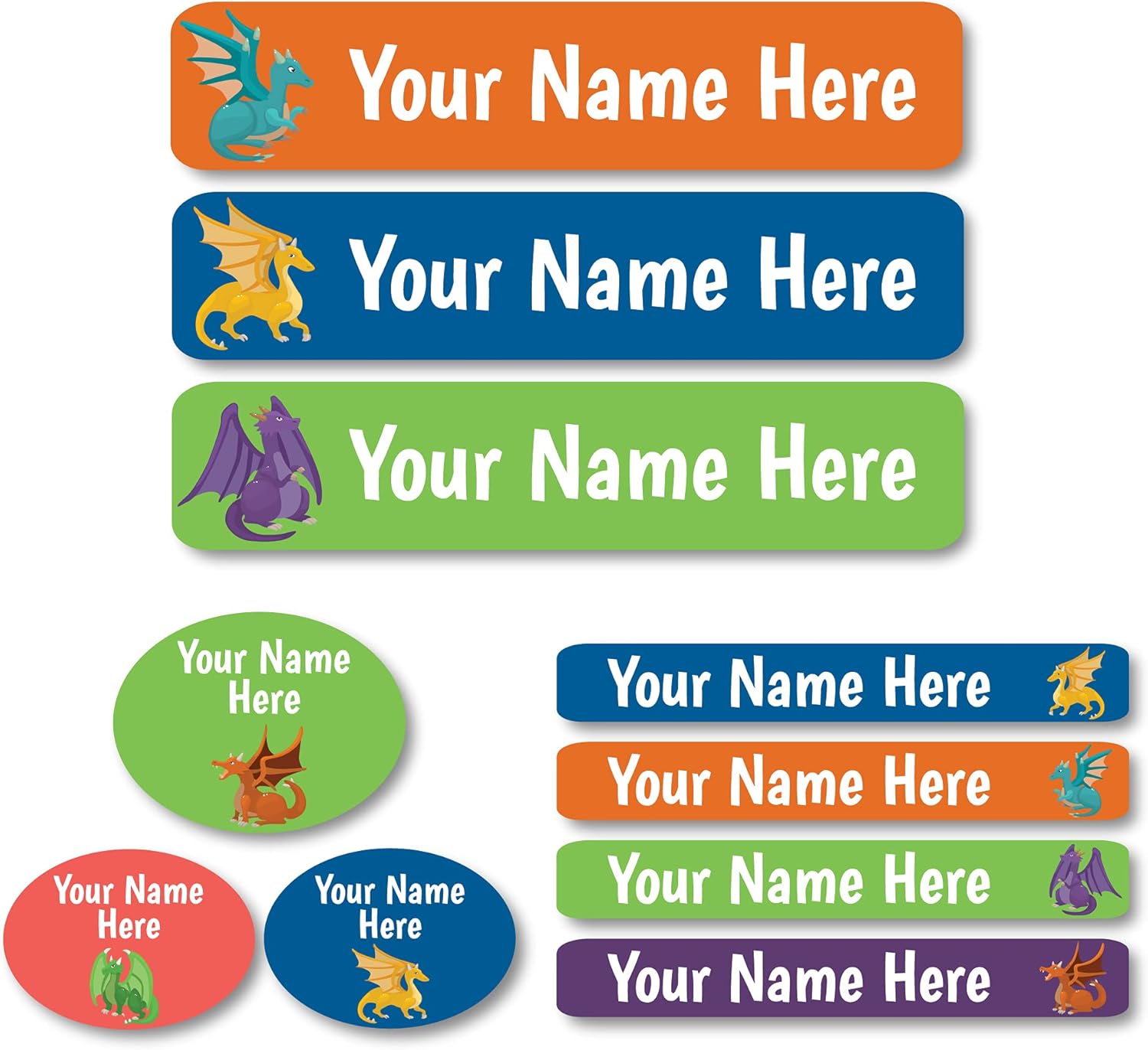 Lovable Labels Personalized Labels for Kids (85 Labels/Pack) - 3 Label Sizes Waterproof Dishwasher Safe Peel & Stick Labels for School Supplies Daycare Camp Clothing Bottles (Dragons Den)