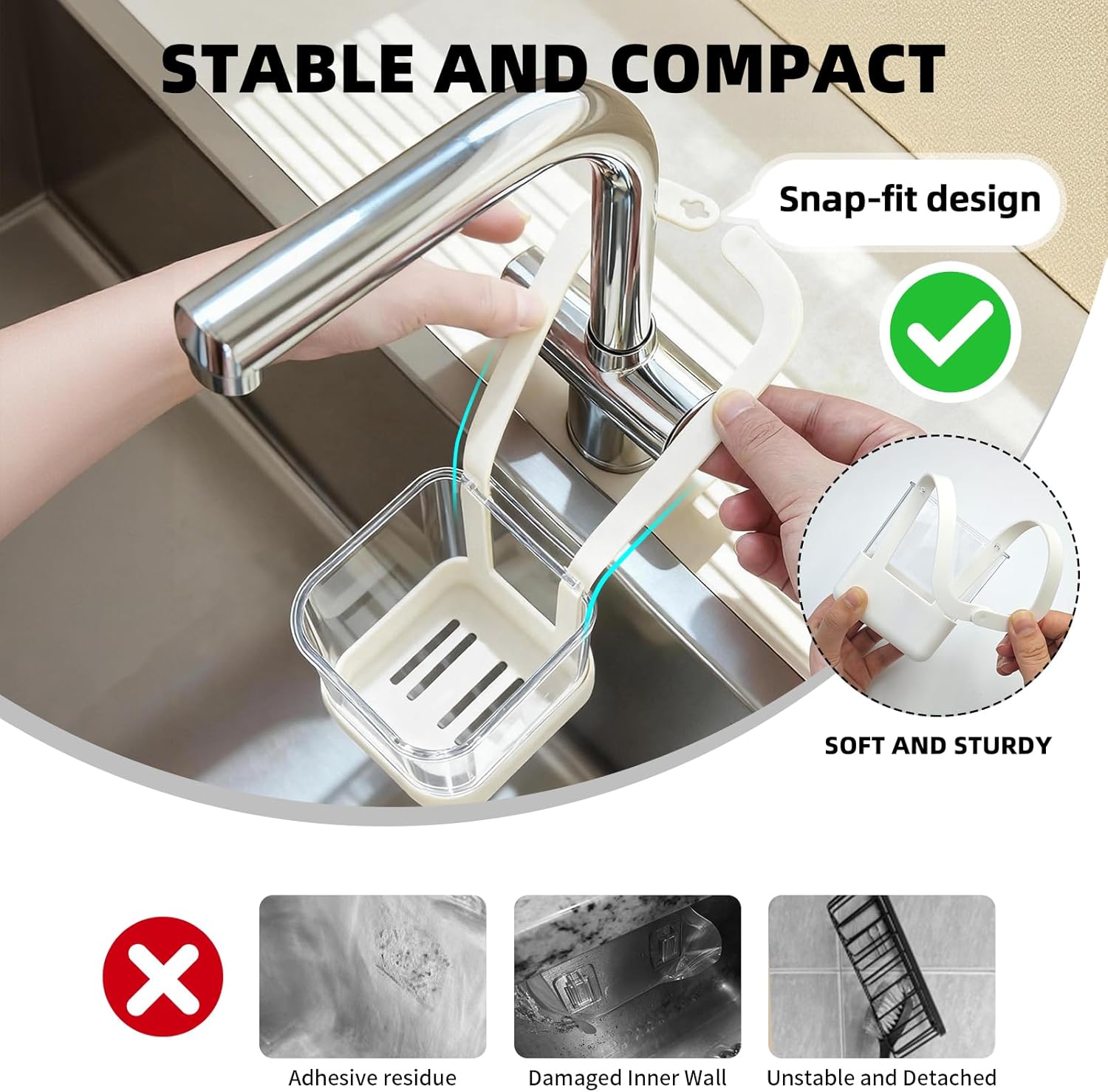 Sponge Holder for Kitchen Sink Dish Sponge Sink Caddy Kitchen Organizer for Brush Sink Stopper Scrubber Hanging Adjustable Strap Caddy Kitchen Gadgets Storage with Drain Holes (Grey, Large)