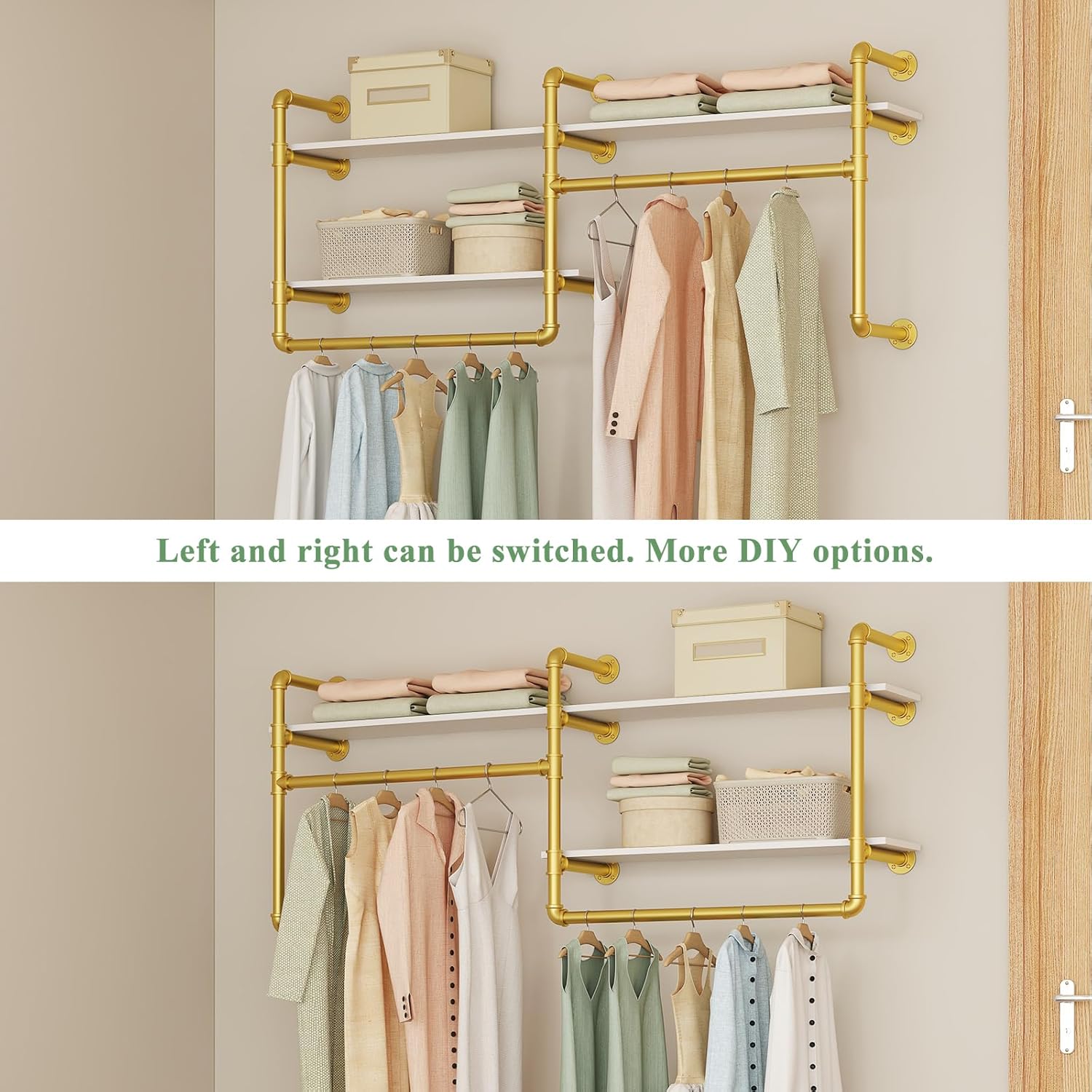 Industrial Pipe Clothing Rack Wall Mounted - Heavy Duty 2-Tier Closet Organizer with Wood Shelves & Dual Hanging Rods for Bedroom/Retail Store, Gold