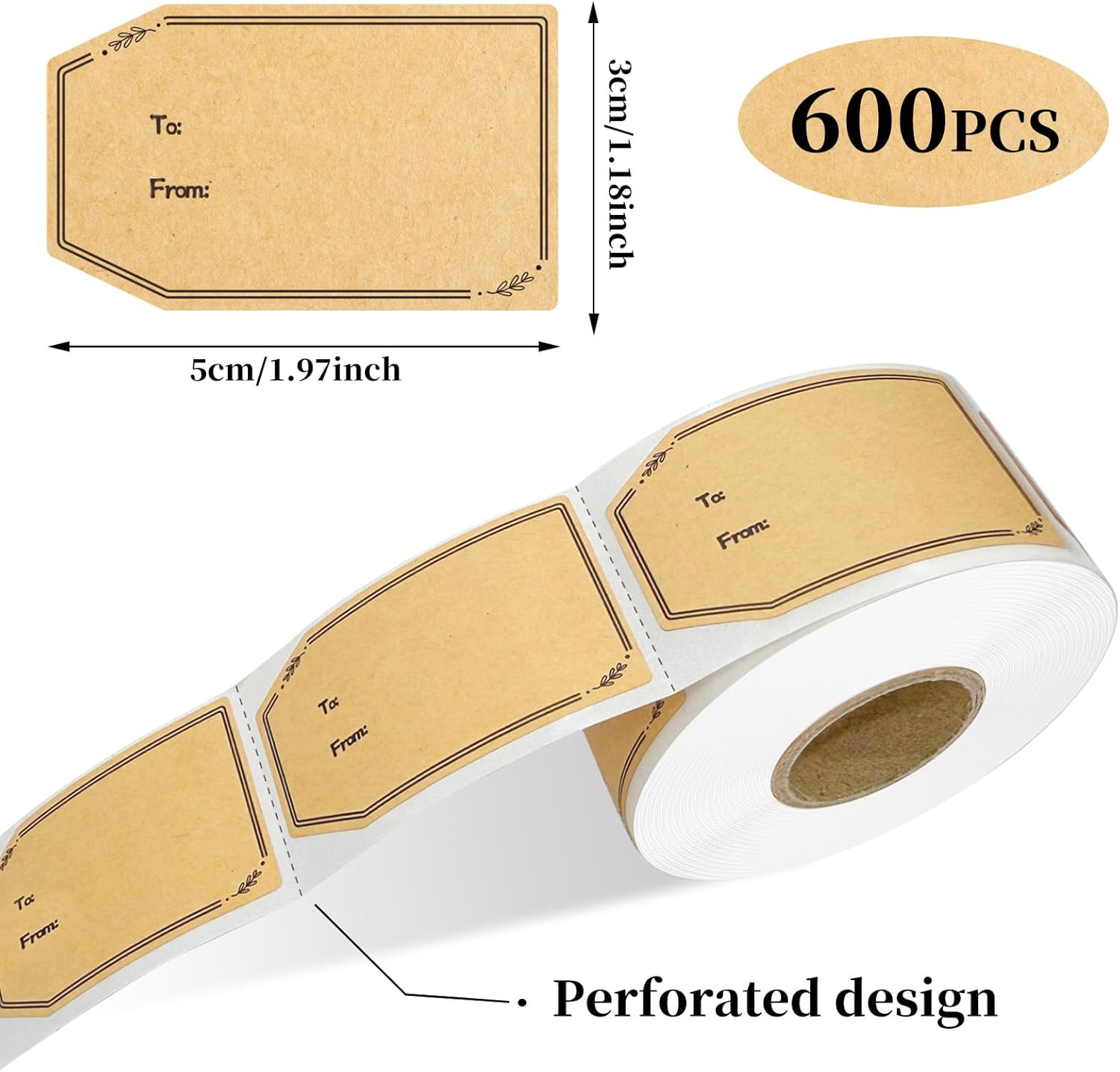 600PCS Gift Tag Stickers, 1.18" x 2" Christmas Gift Tags Stickers Brown Kraft to and from Gifts Labels Self Adhesive Christmas Labels Holiday Present Label, Perforated line Design