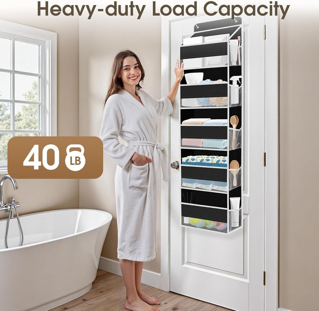 1 Pack Over The Door Organizer, Hanging Storage Organizer with Clear Window, 40lb Ultra Sturdy Large Capacity Room Organizer for Pantry Laundry Bathroom Nursery Closet (Black)