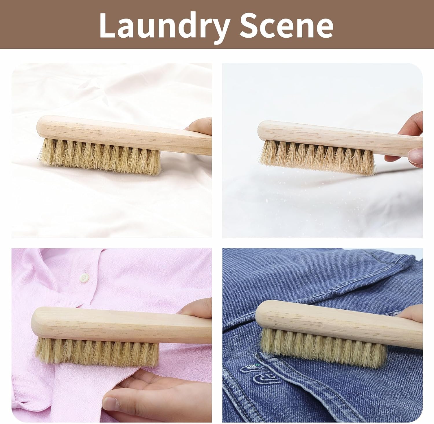 Wood Laundry Stain Brush with Boar Bristle, Tough Stain Remover for Delicate Fabric, Cotton, Linens, and Shoes, Laundry Scrub Brush for Fresh and Clean Fabric