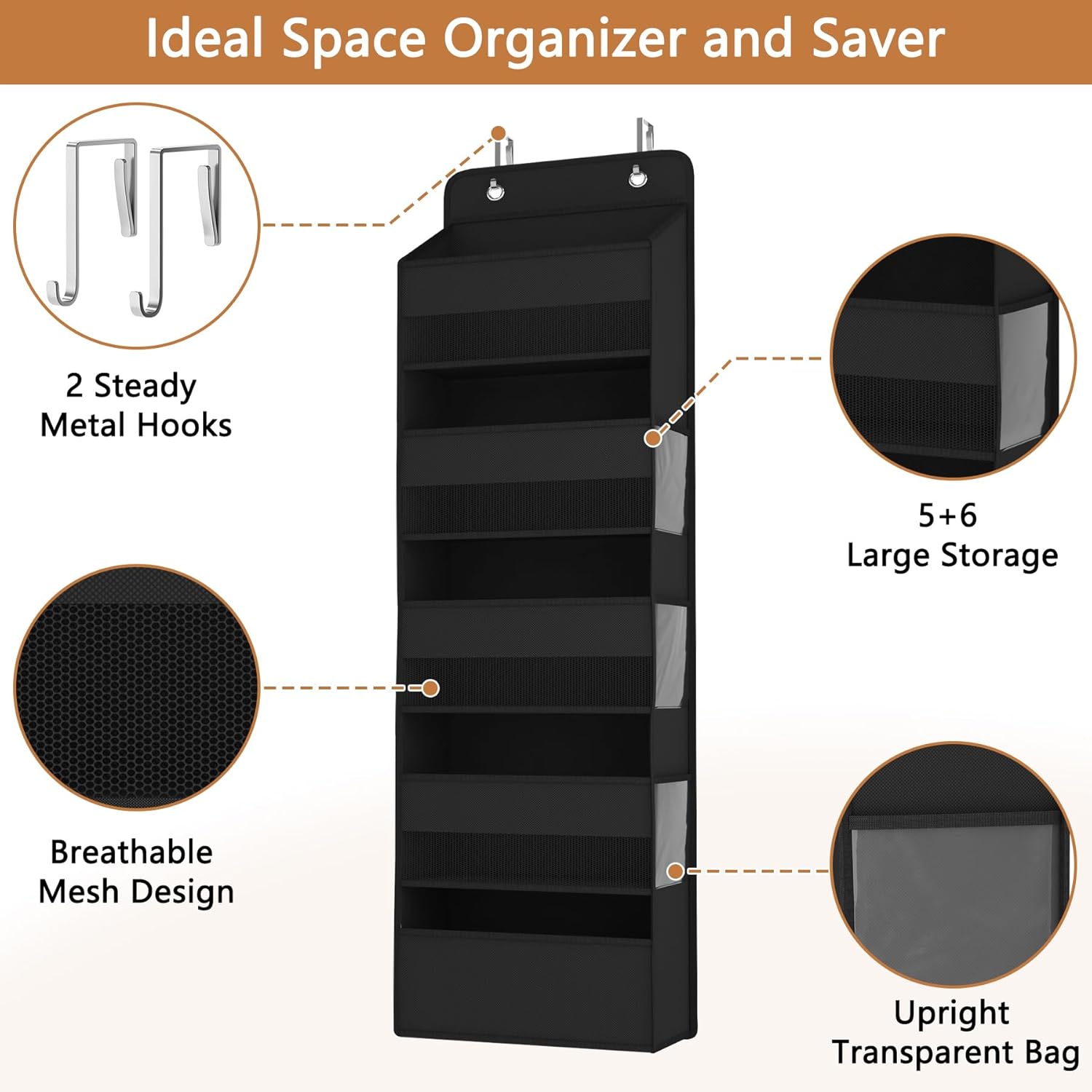 1 Pack 5-Tier Over the Door Organizer, Heavy-Duty Large Deep Pocket Hanging With 5 Large Front & 6 Side Pockets With for Pantry, Kitchen, Bathroom, Dorm, Black