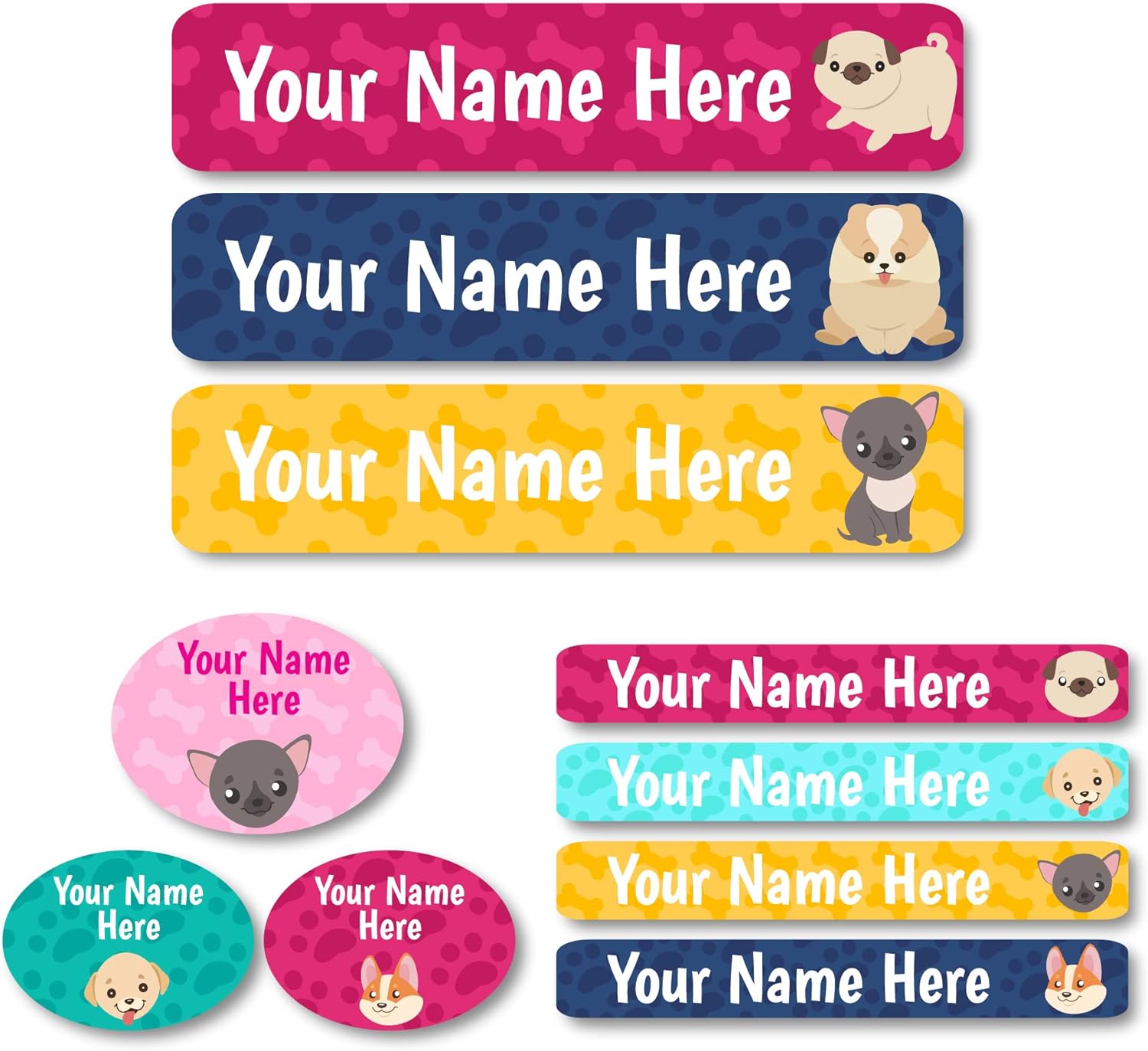 Lovable Labels Personalized Labels for Kids (85 Labels/Pack) - 3 Label Sizes Waterproof Dishwasher Safe Peel & Stick Labels for School Supplies Daycare Camp Clothing Bottles (Puppies and Kisses)