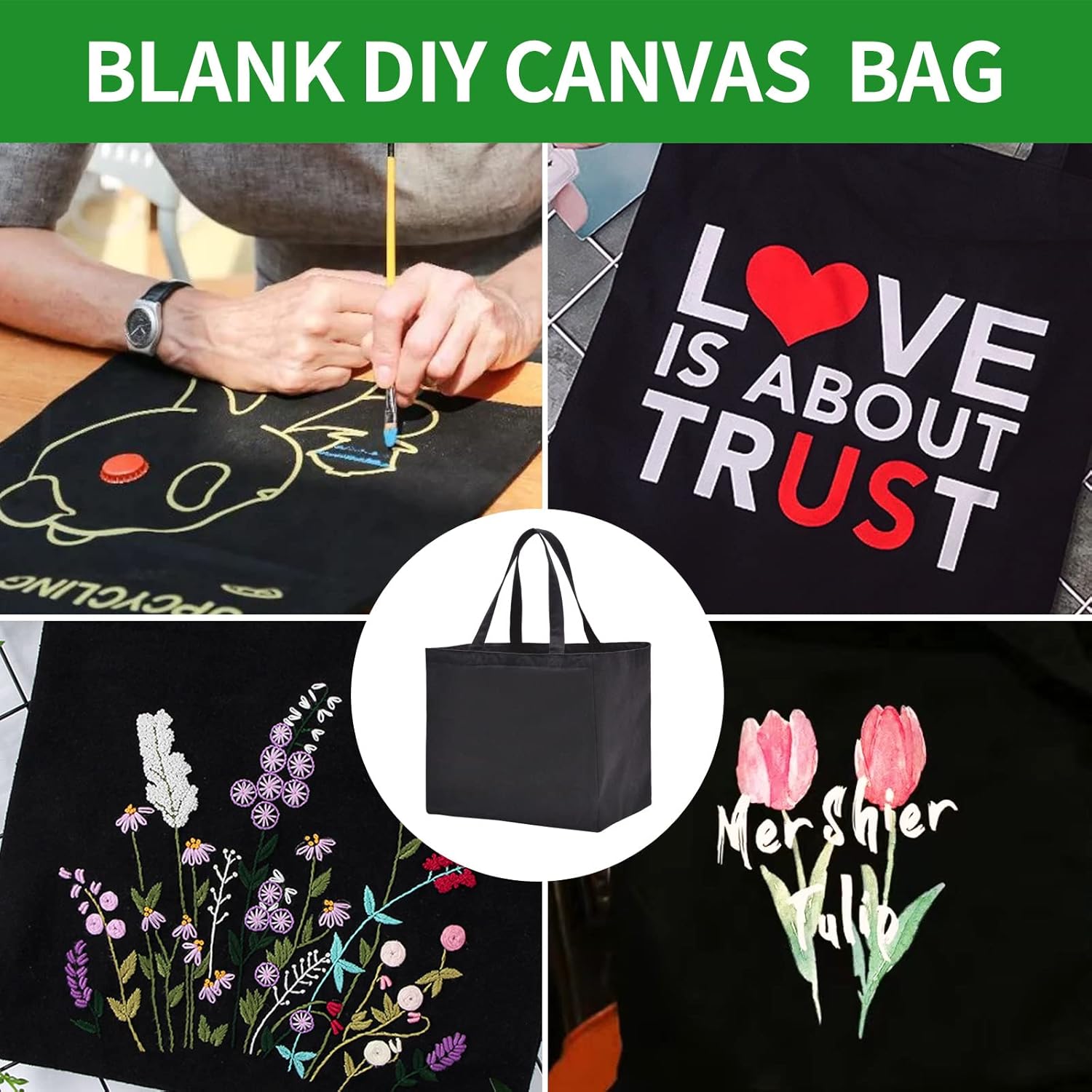 1 Pack Heavy Duty Reusable Canvas Grocery Bags, Holds 60 lbs, 8.3 gal, Multi-Purpose, Washable, Black with 5 Pockets