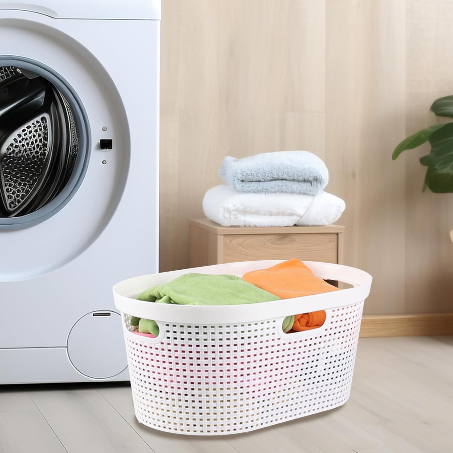 (4 Pcs) 40L Large Plastic Laundry Basket with Carry Handles, Plastic Clothes Hamper for Laundry Room, Dorm Room or Bedroom, White