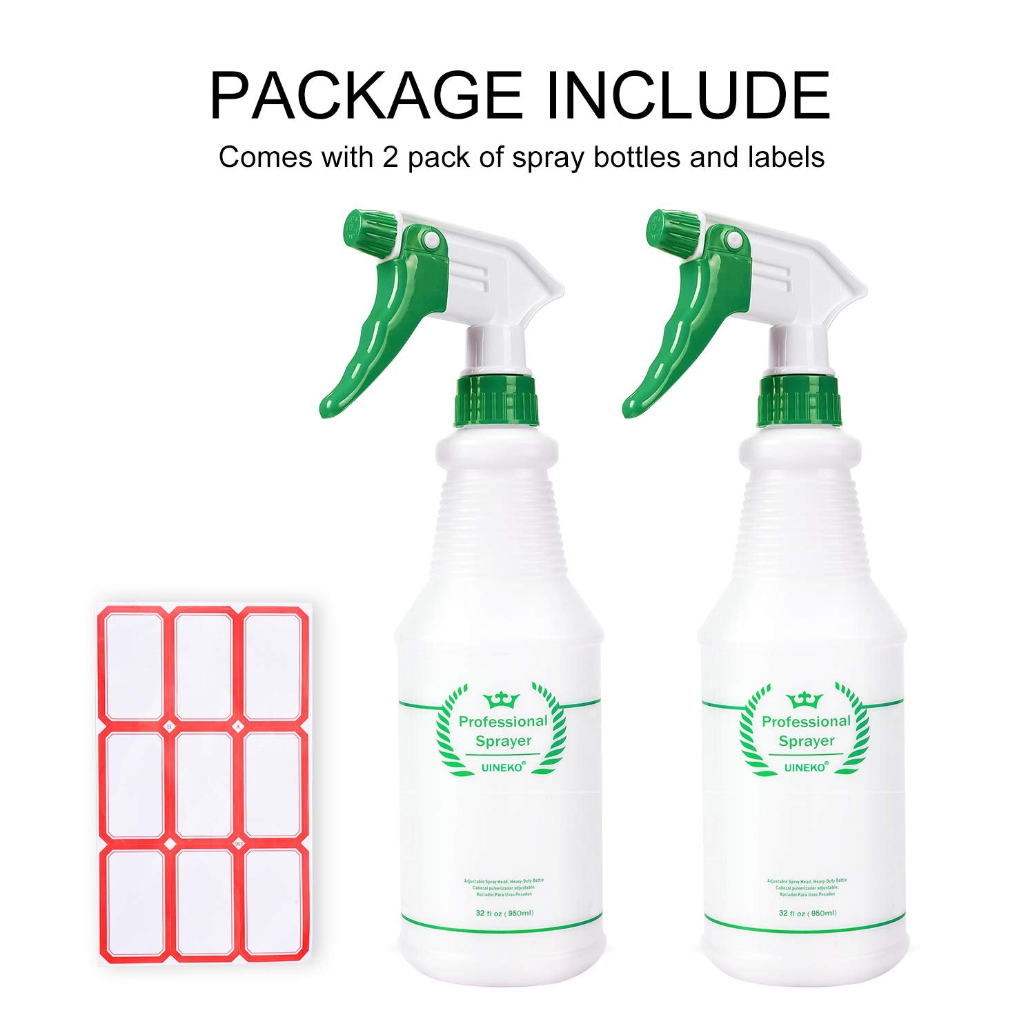 Plastic Spray Bottle 2 Pack, 32 Oz, All-Purpose Heavy Duty Spraying Bottles Leak Proof Mist Empty Water Sprayer for Cleaning Solution, Essential Oils, Hair, Planting with Adjustable Nozzle - Green