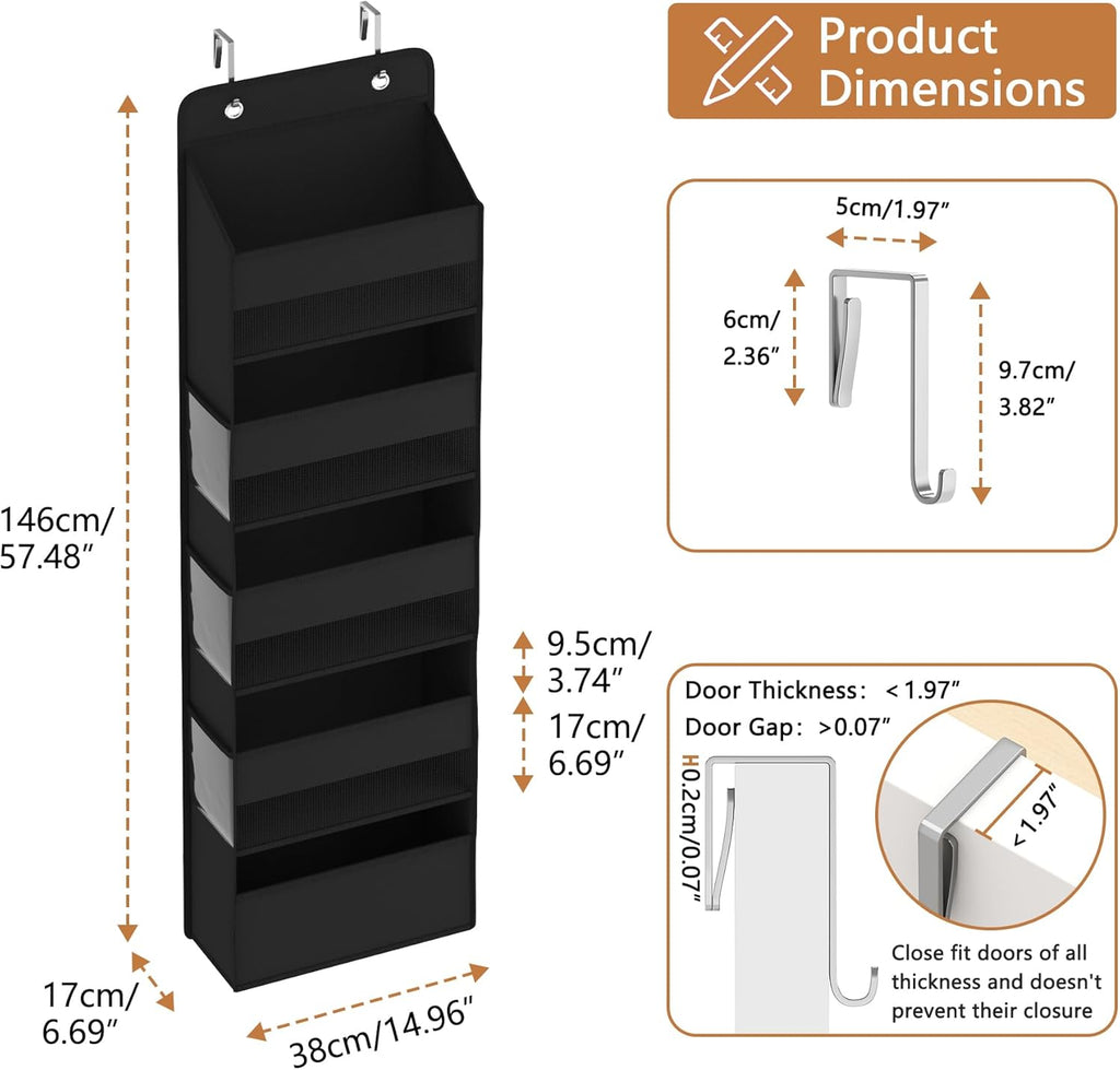 1 Pack 5-Tier Over the Door Organizer, Heavy-Duty Large Deep Pocket Hanging With 5 Large Front & 6 Side Pockets With for Pantry, Kitchen, Bathroom, Dorm, Black