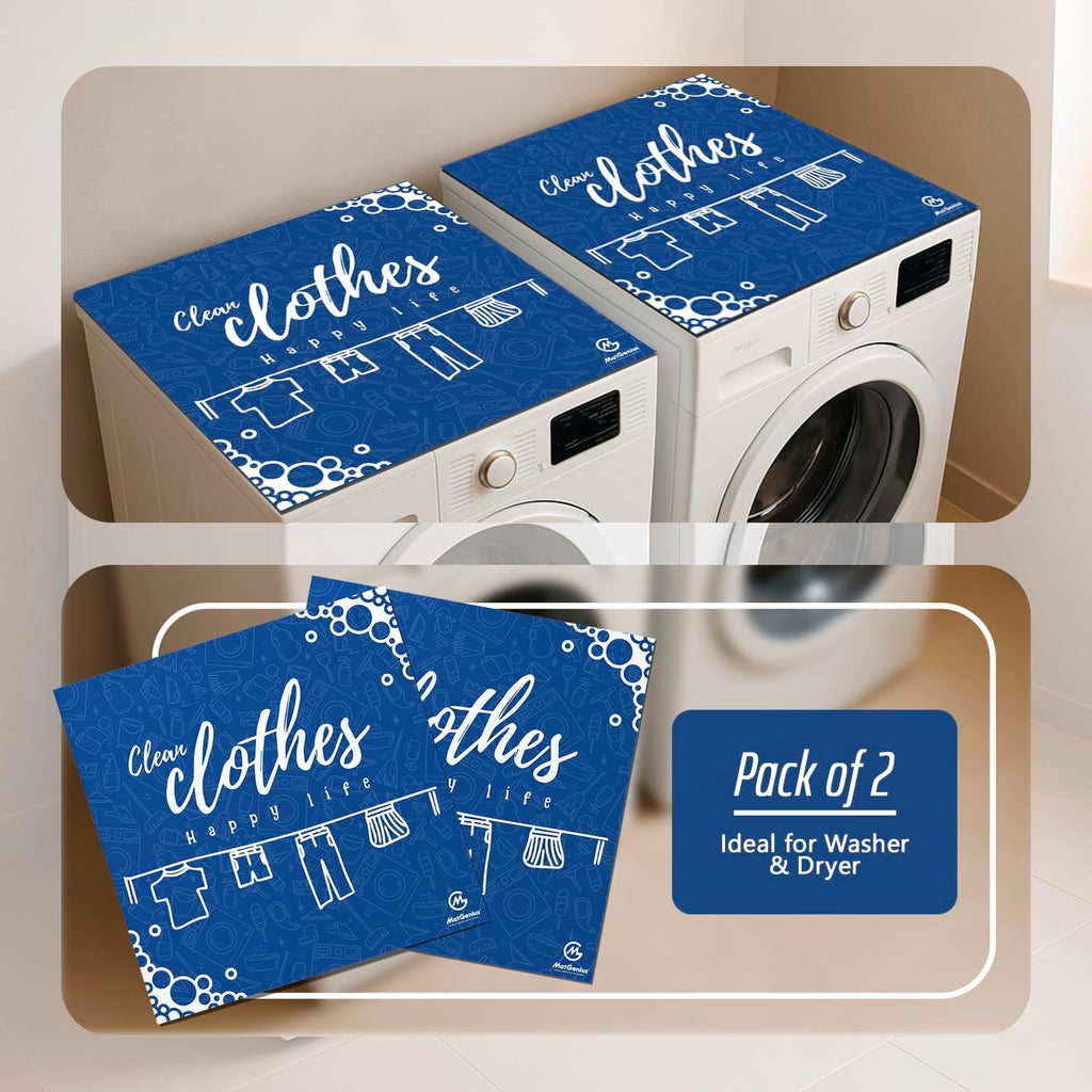 (2PCS) Washer And Dryer Covers For The Top With Blue Design And Happy Life Words, Decorative Washer Dryer Topper And Washing Machine Cover For A Cheerful Laundry Room (23 x 23 in)