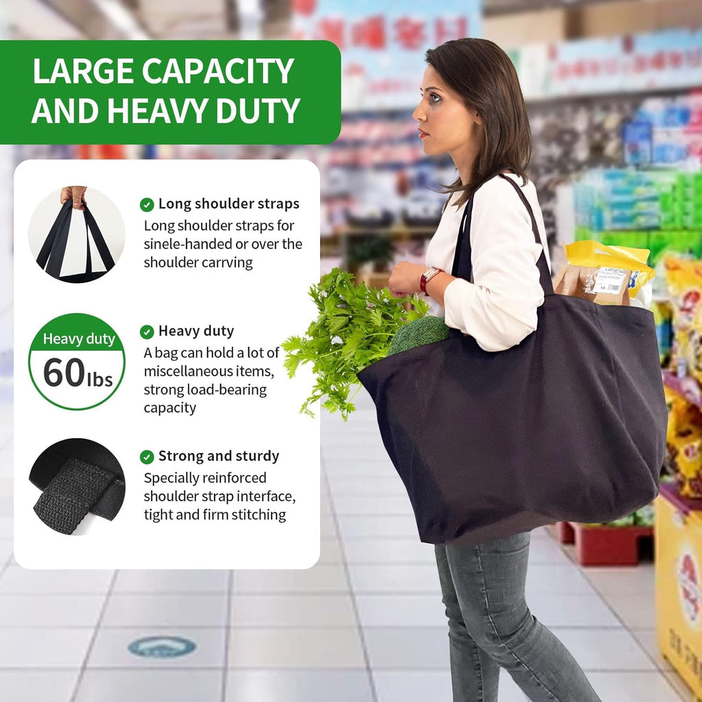 1 Pack Heavy Duty Reusable Canvas Grocery Bags, Holds 60 lbs, 8.3 gal, Multi-Purpose, Washable, Black with 5 Pockets