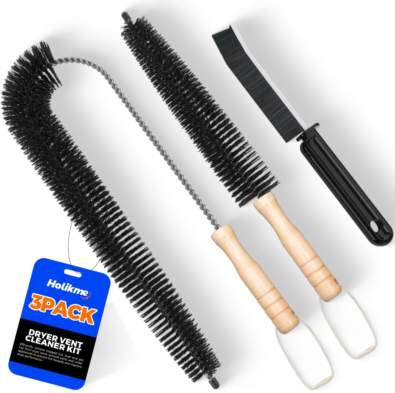 Holikme 3 Pieces Dryer Vent Cleaner Kit - Lint Removal Cleaning Tool, Dryer Vent Trap Vacuum Brush, Long Flexible Refrigerator Coil Brush,Crevice Gap Cleaning Tool Brush