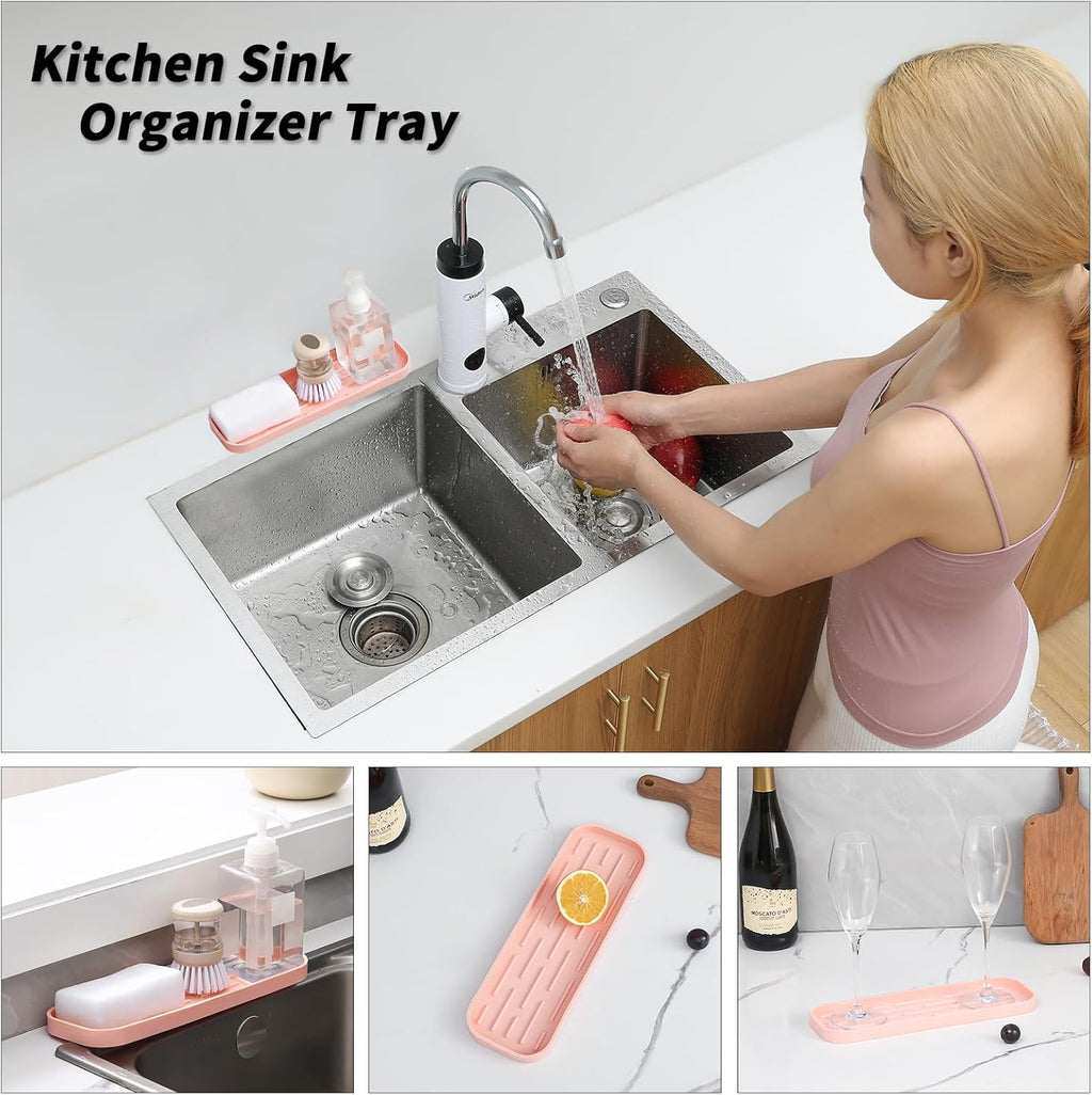 Silicone Kitchen Sink Organizer Tray for Multiple Usage,Easy Clean,Eco-Friendly Sponges Holder for Kitchen Bathroom Counter or Sink,Dish Soap Dispenser,Scrubber,Bottle,Cup Pink 12" x 4”