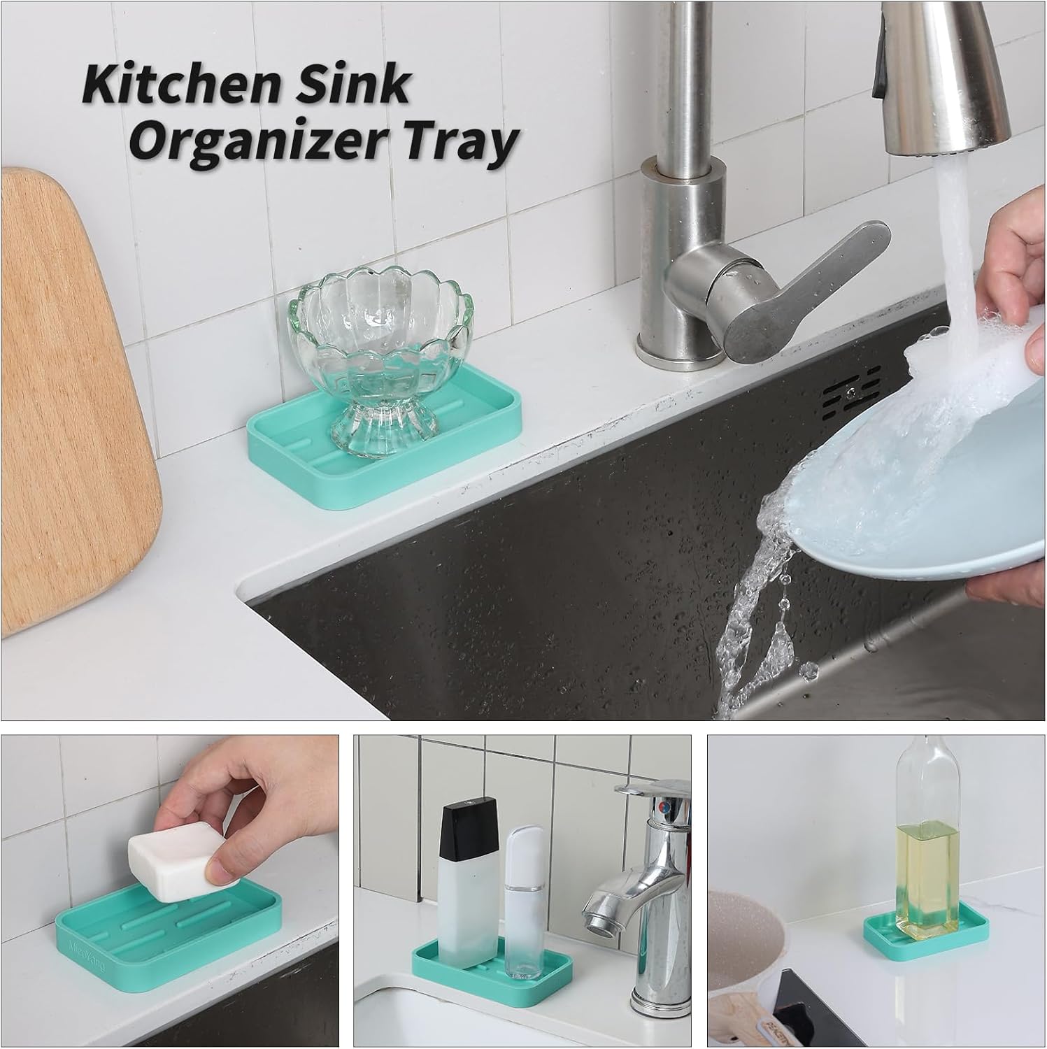 Silicone Kitchen Sink Organizer Tray for Multiple Usage,Easy Clean Sponges Holder for Kitchen Bathroom Counter or Sink,Dish Soap Dispenser,Scrubber,Bottle,Cup Mint 4.9”x 3.2”