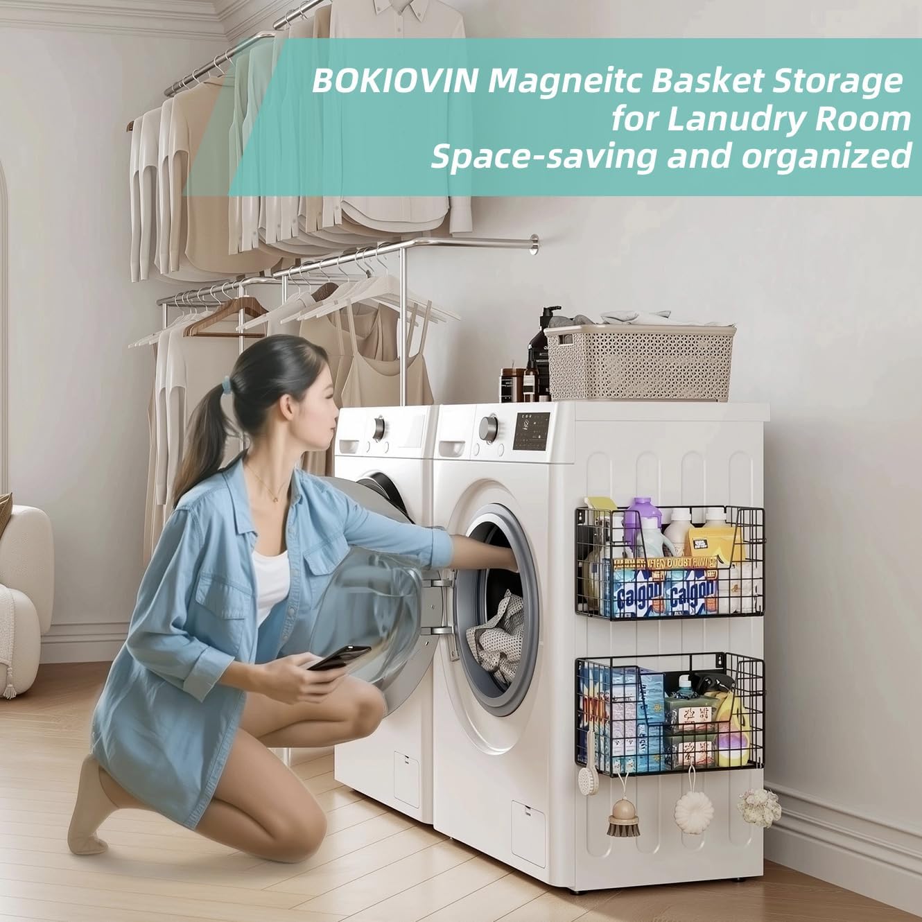 1-Pack Magnetic Laundry Basket Organizer Storage,Magnetic Shelves for Washer Dryer Organizer,Hanging Laundry Basket for Washing Machine(Black)