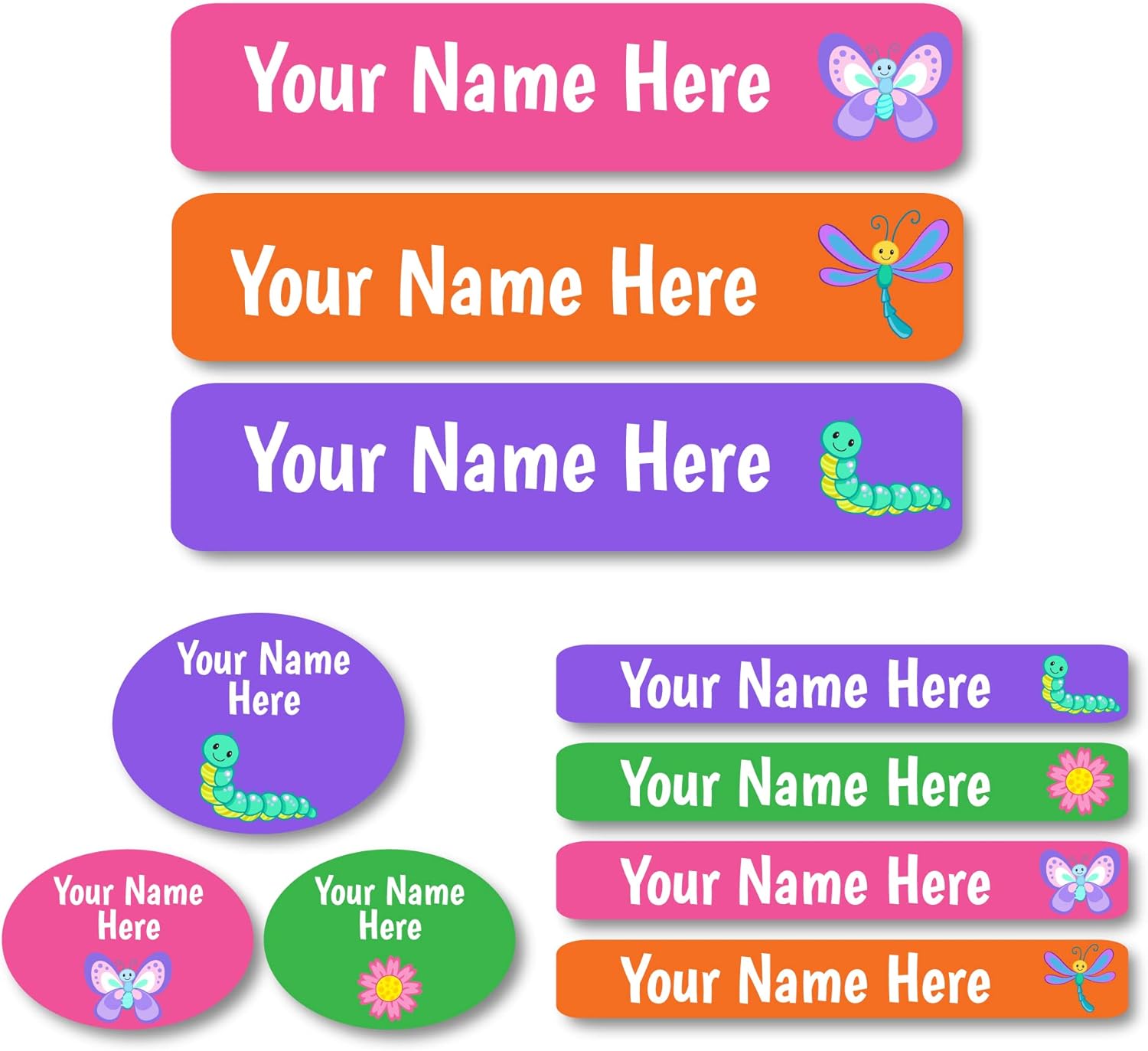 Lovable Labels Personalized Labels for Kids (85 Labels/Pack) - 3 Label Sizes Waterproof Dishwasher Safe Peel & Stick Labels for School Supplies Daycare Camp Clothing Bottles (Bright Bugs)