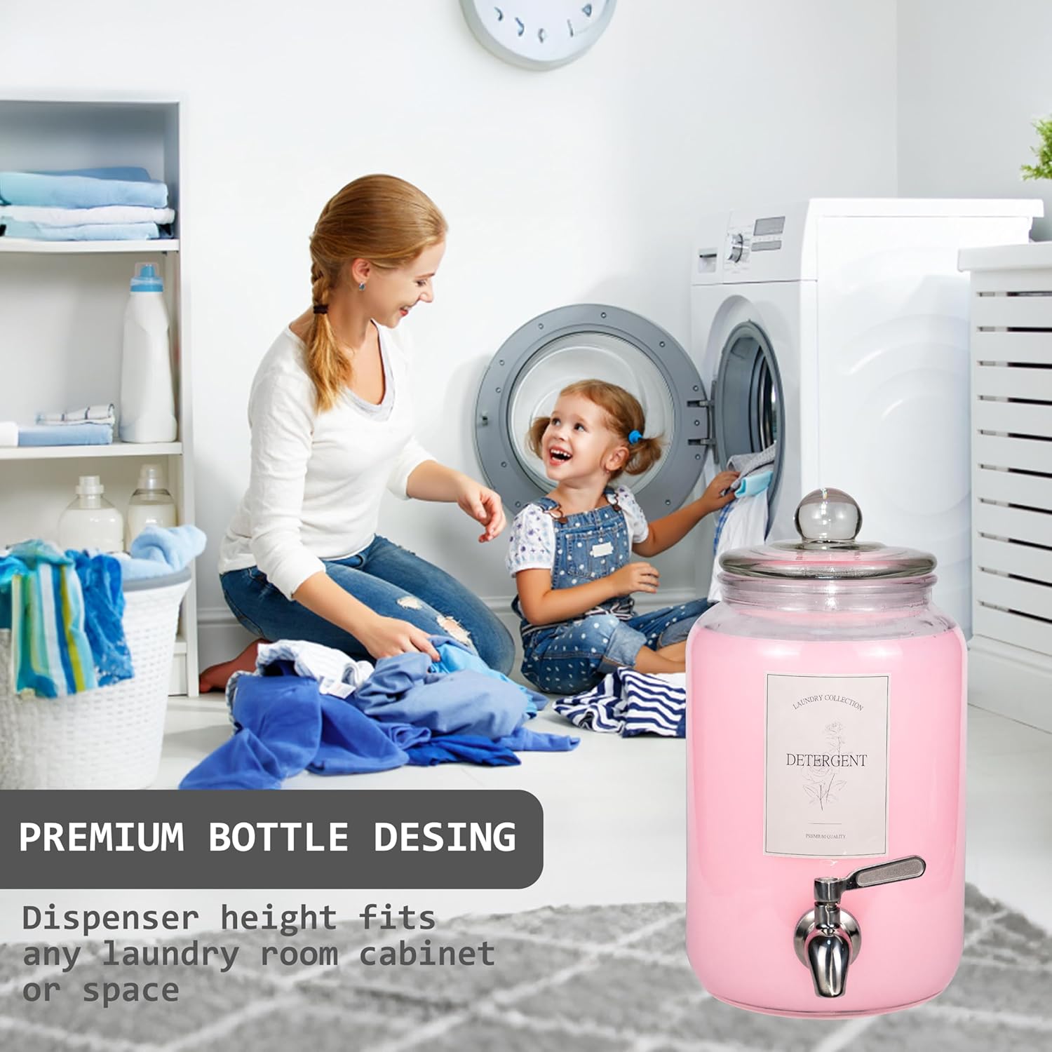 Large Liquid Laundry Detergent Dispenser with Spigots and Measuring Cups,108oz Leak-Proof Glass Fabric Softener,Reusable Glass Detergent Dispenser for Laundry Room Organizer and Storage(1)