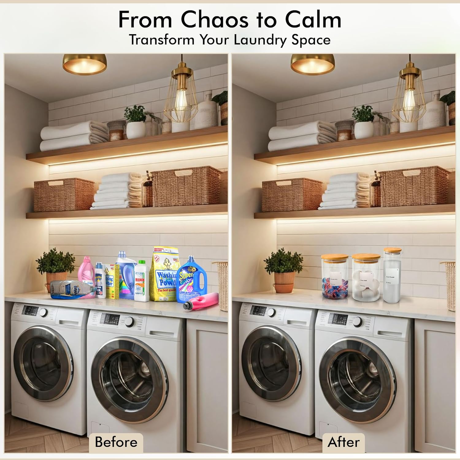 IVIZA Glass Laundry Detergent Dispenser & Storage Set – Liquid Detergent Pump, Fabric Softener Dispenser, Laundry Powder Jar & Dryer Sheet Holder – Complete Laundry Organization Set