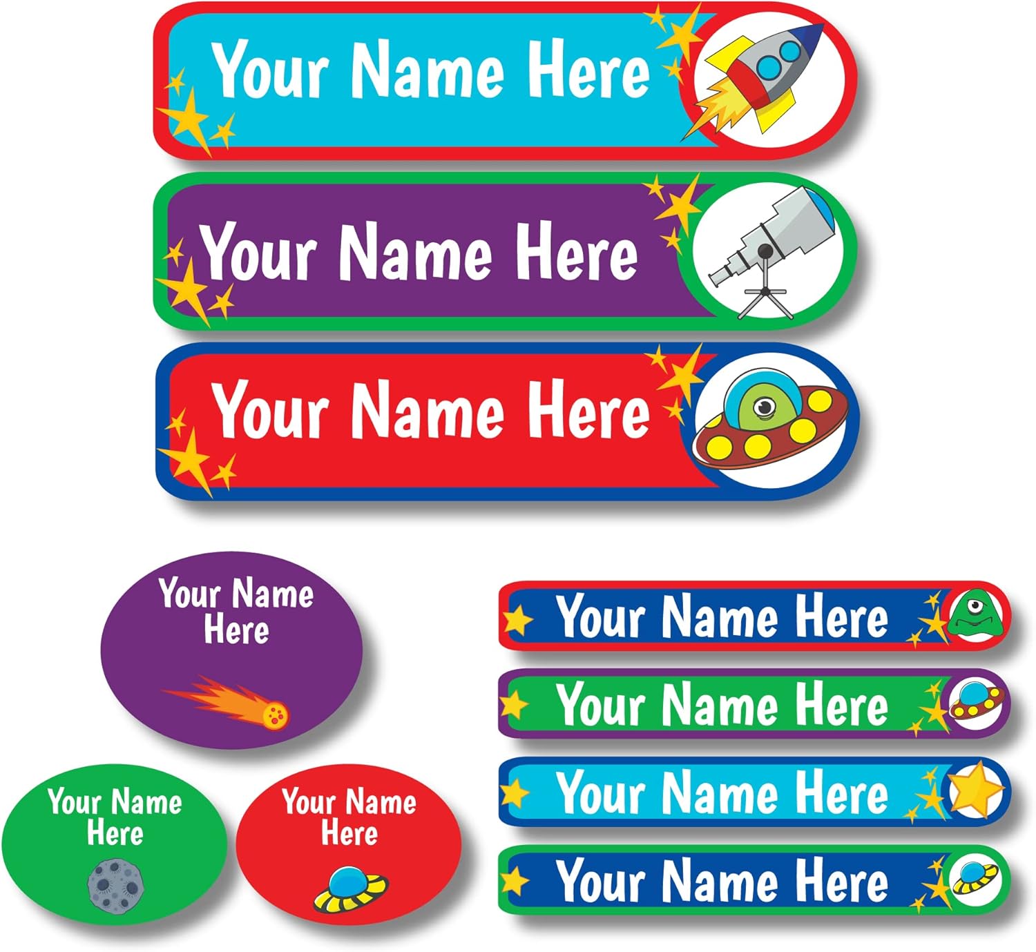 Lovable Labels Personalized Labels For Kids (85 Labels/Pack) - 3 Label Sizes Waterproof Dishwasher Safe Peel & Stick Labels for School Supplies Daycare Camp Clothing Bottles (You're Out of This World)