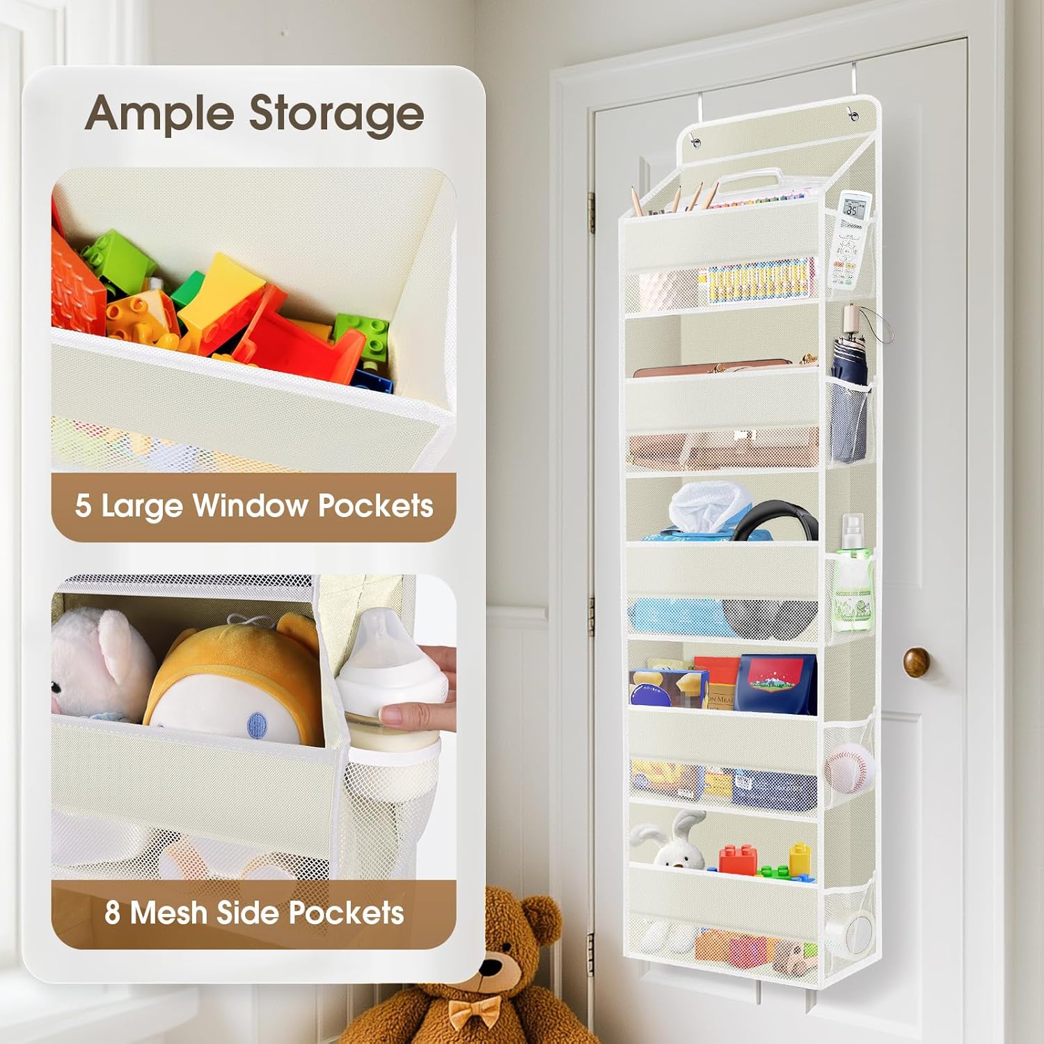 1 Pack Over The Door Organizer, Hanging Storage Organizer with Clear Window, 40lb Ultra Sturdy Large Capacity Room Organizer for Pantry Bathroom Nursery Closet Baby Essential (Beige)