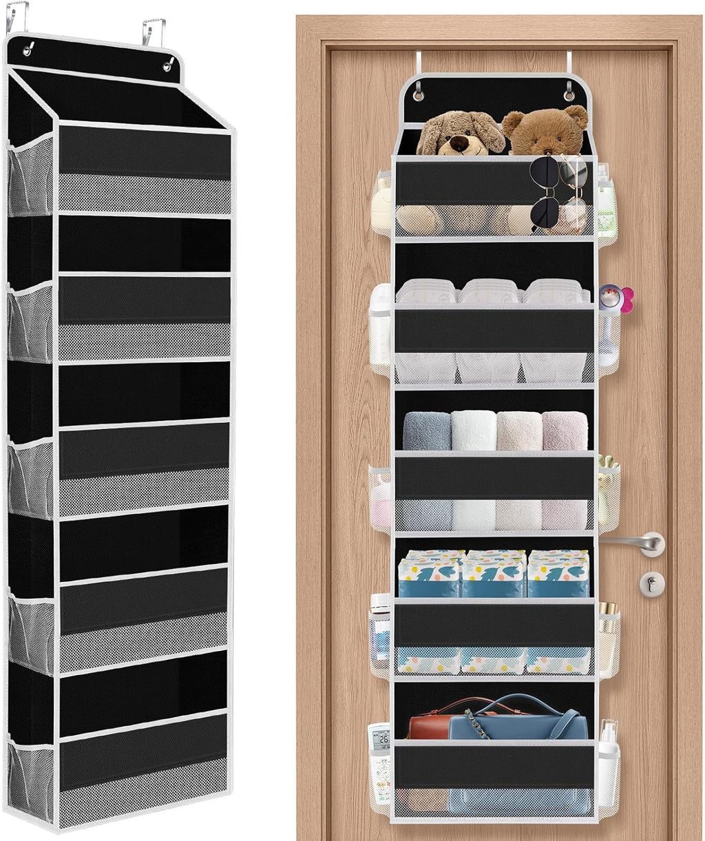 1 Pack Over The Door Organizer, Hanging Storage Organizer with Clear Window, 40lb Ultra Sturdy Large Capacity Room Organizer for Pantry Laundry Bathroom Nursery Closet (Black)