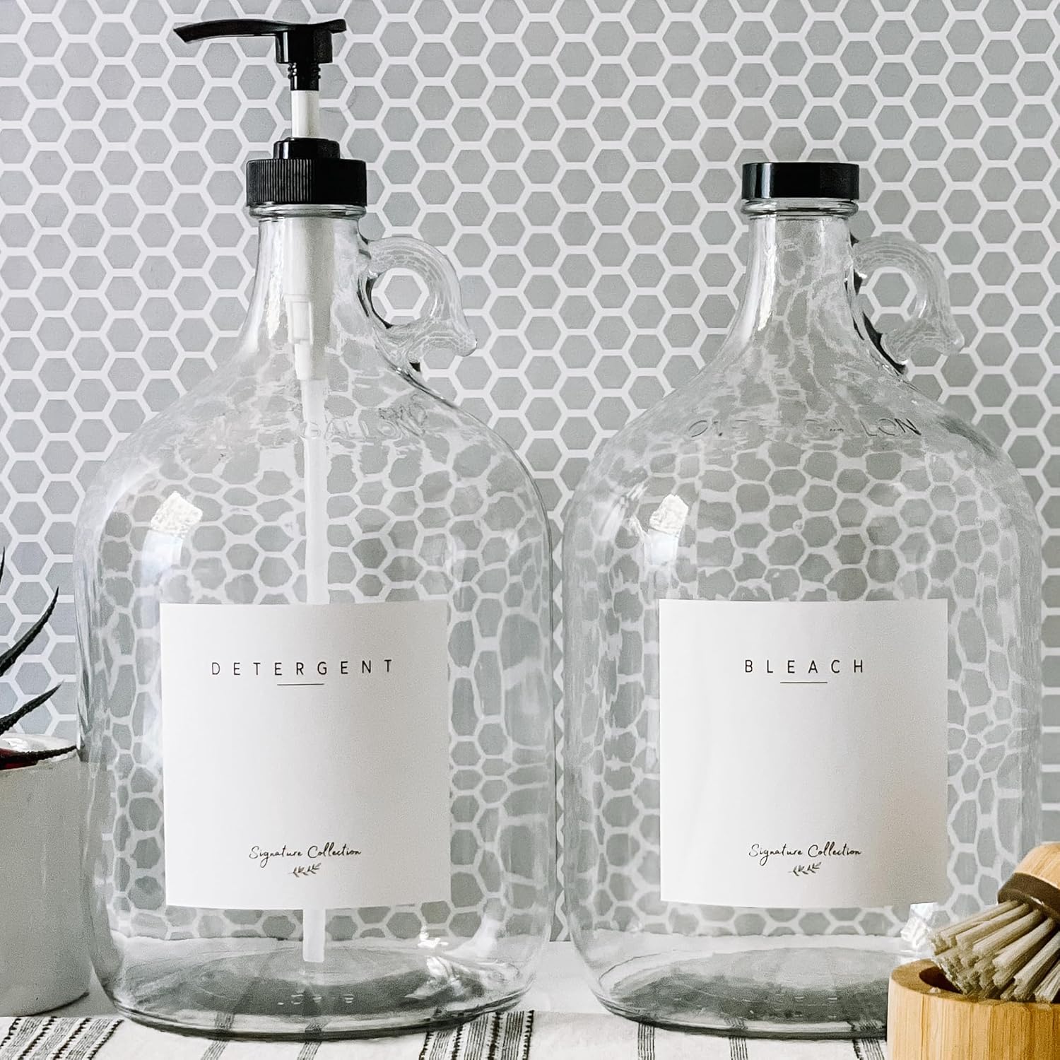 Laundry Detergent Dispenser for Laundry Room - Two Empty One Gallon Glass Jugs, Fabric Softener, Soap Dispenser or Bleach, 128 oz - Black Liquid Pump, Includes 4 Labels