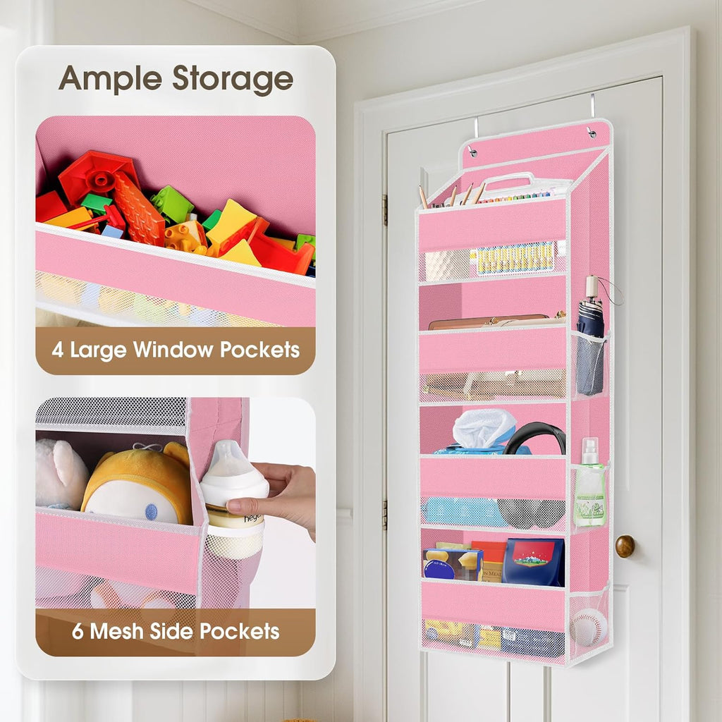1 Pack Over The Door Organizer Hanging Storage Organizers with Clear Window 40lb Large Capacity Room Organizer for Pantry Laundry Bathroom Nursery Closet(Pink)