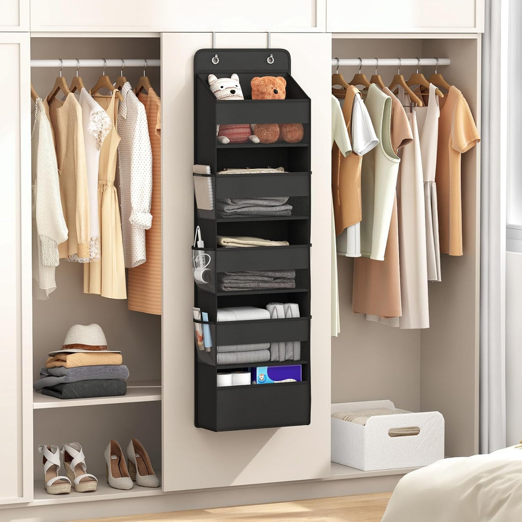 1 Pack 5-Tier Over the Door Organizer, Heavy-Duty Large Deep Pocket Hanging With 5 Large Front & 6 Side Pockets With for Pantry, Kitchen, Bathroom, Dorm, Black