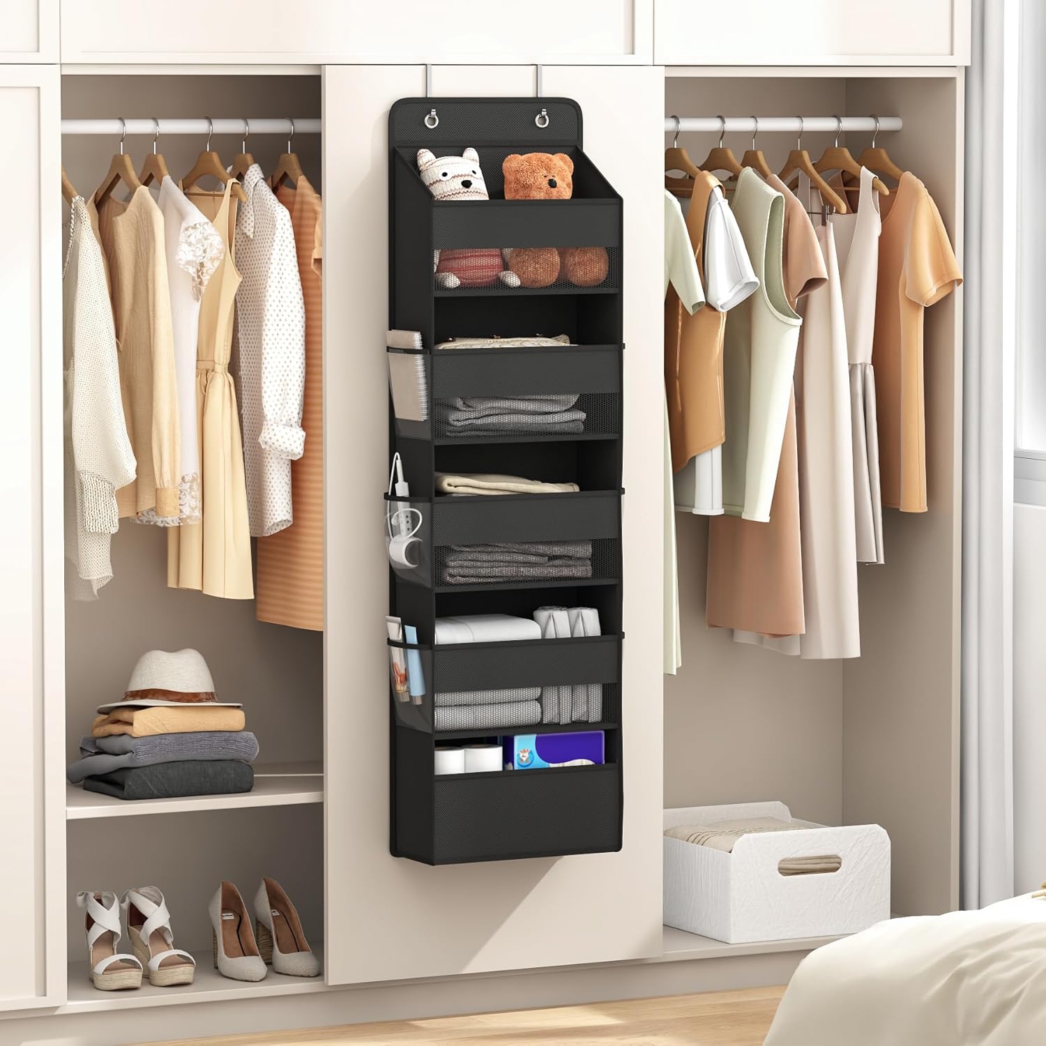 1 Pack 5-Tier Over the Door Organizer, Heavy-Duty Large Deep Pocket Hanging With 5 Large Front & 6 Side Pockets With for Pantry, Kitchen, Bathroom, Dorm, Black